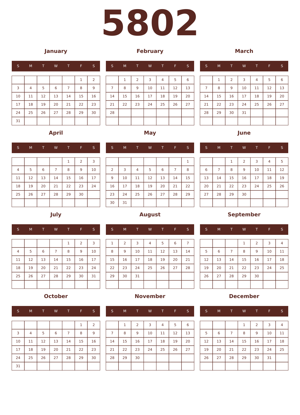 Printable 5802 Year Calendars mortuum