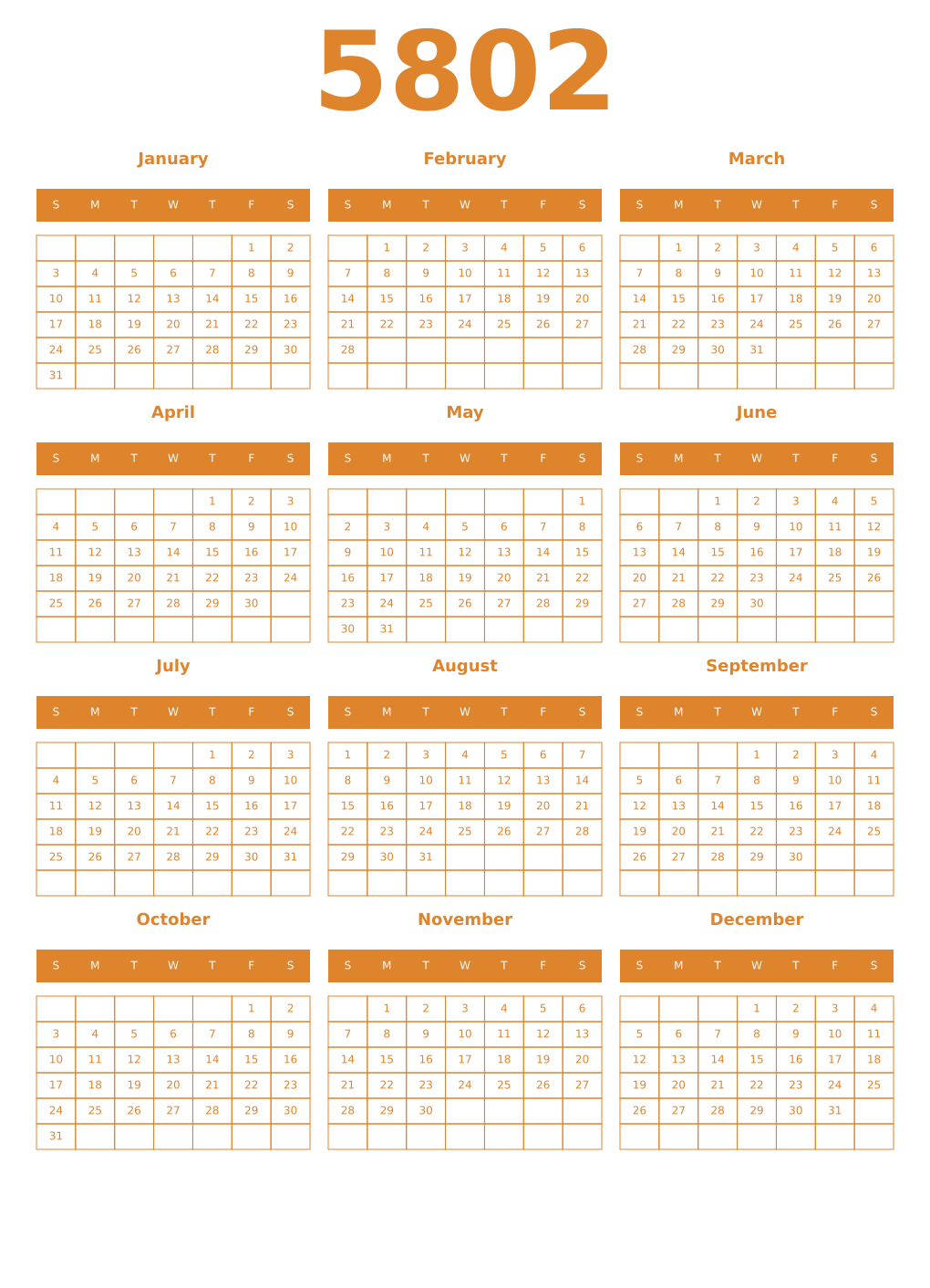 Printable 5802 Year Calendars orange