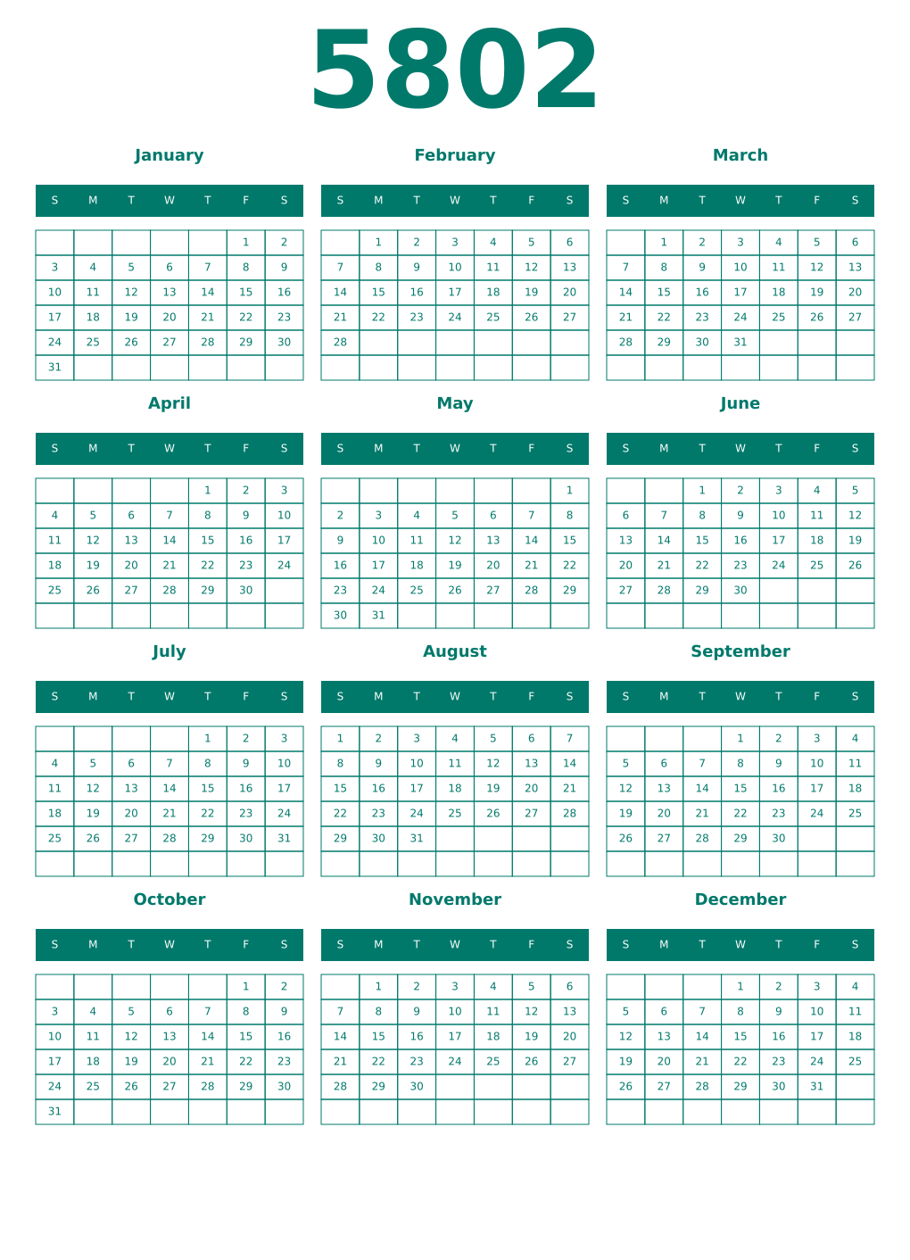 Printable 5802 Year Calendars pastel