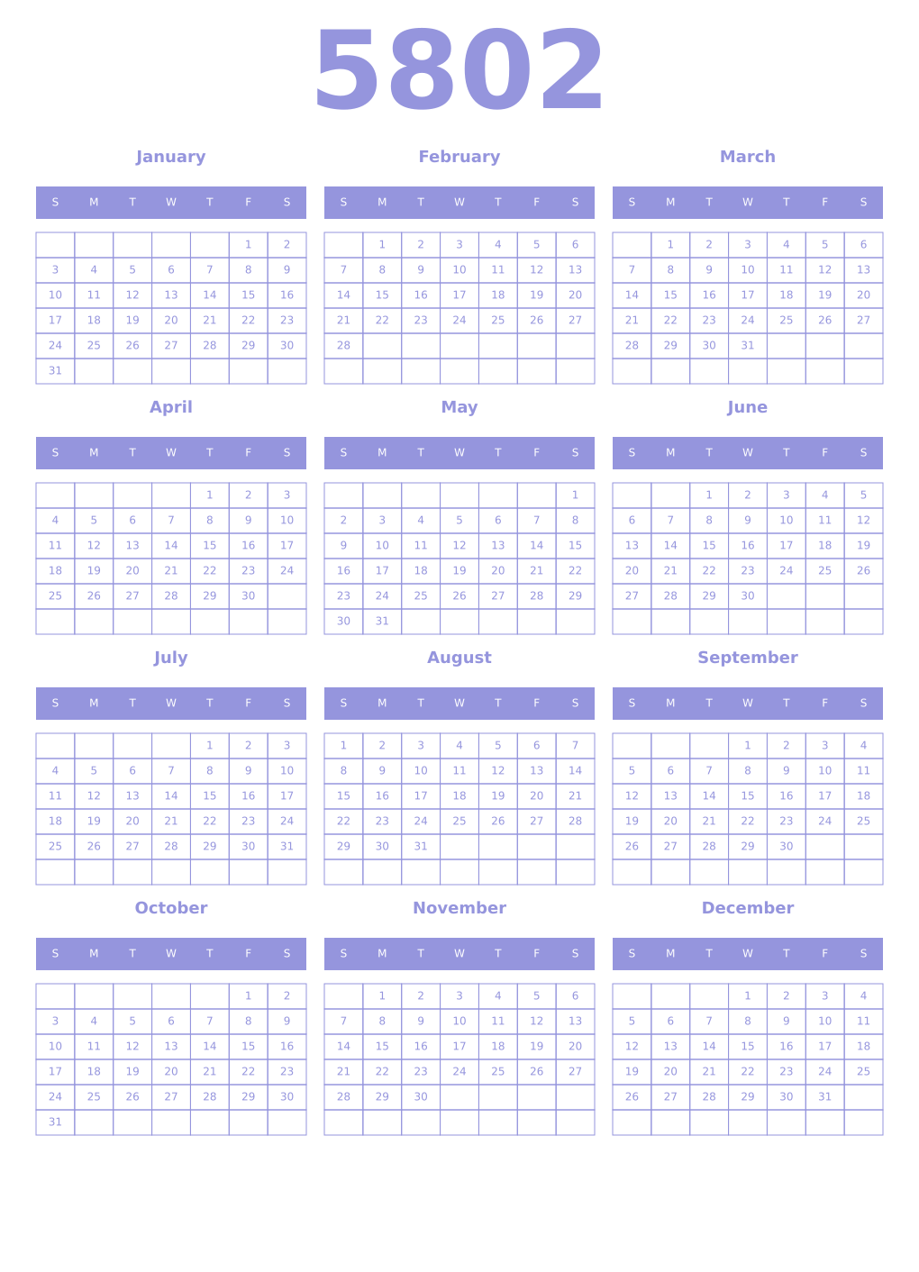 Printable 5802 Year Calendars periwinkle