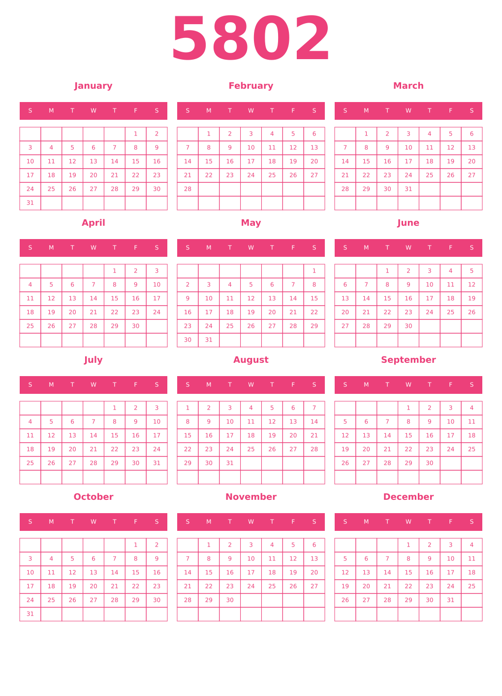 Printable 5802 Year Calendars pink