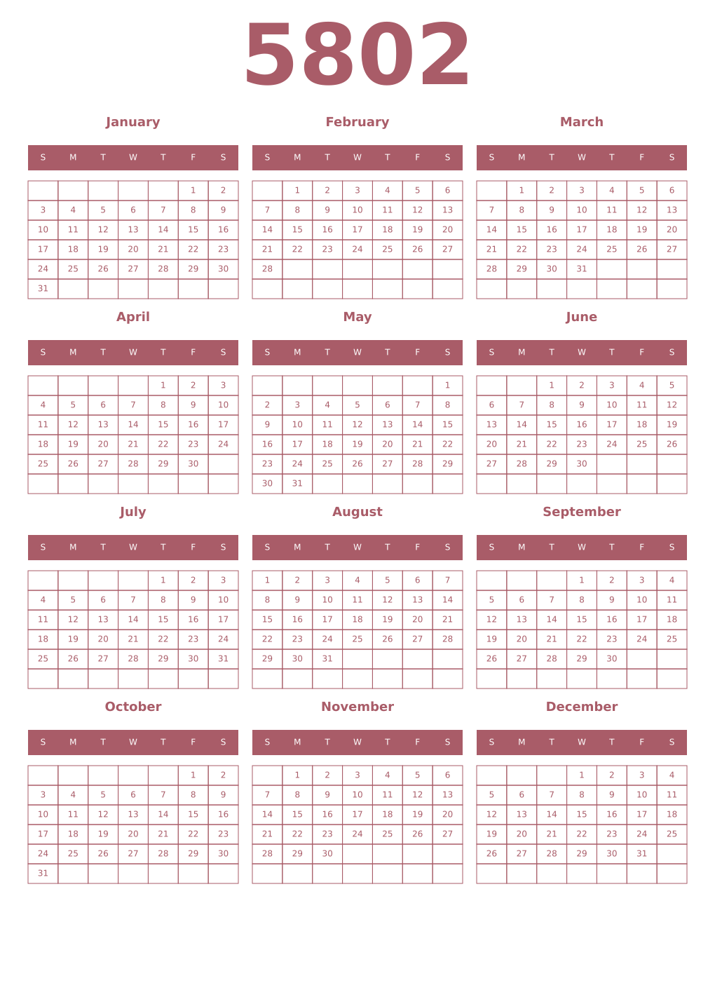 Printable 5802 Year Calendars puce