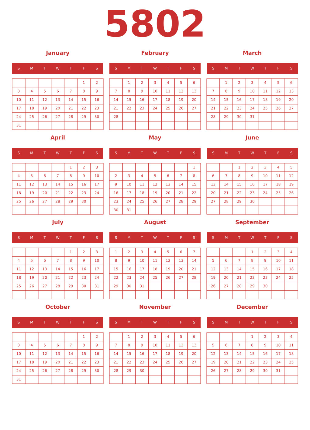 Printable 5802 Year Calendars red