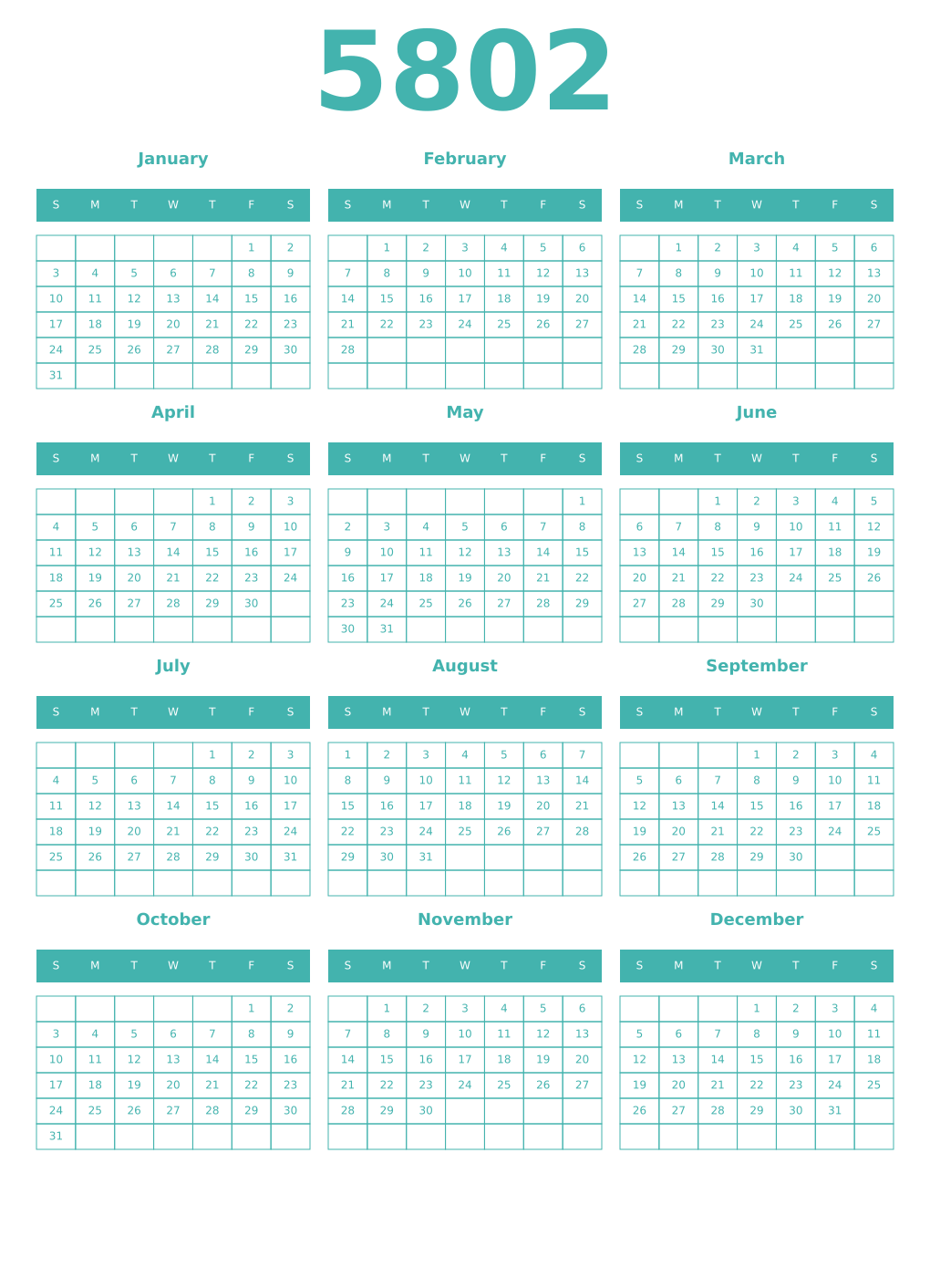 Printable 5802 Year Calendars verdigris