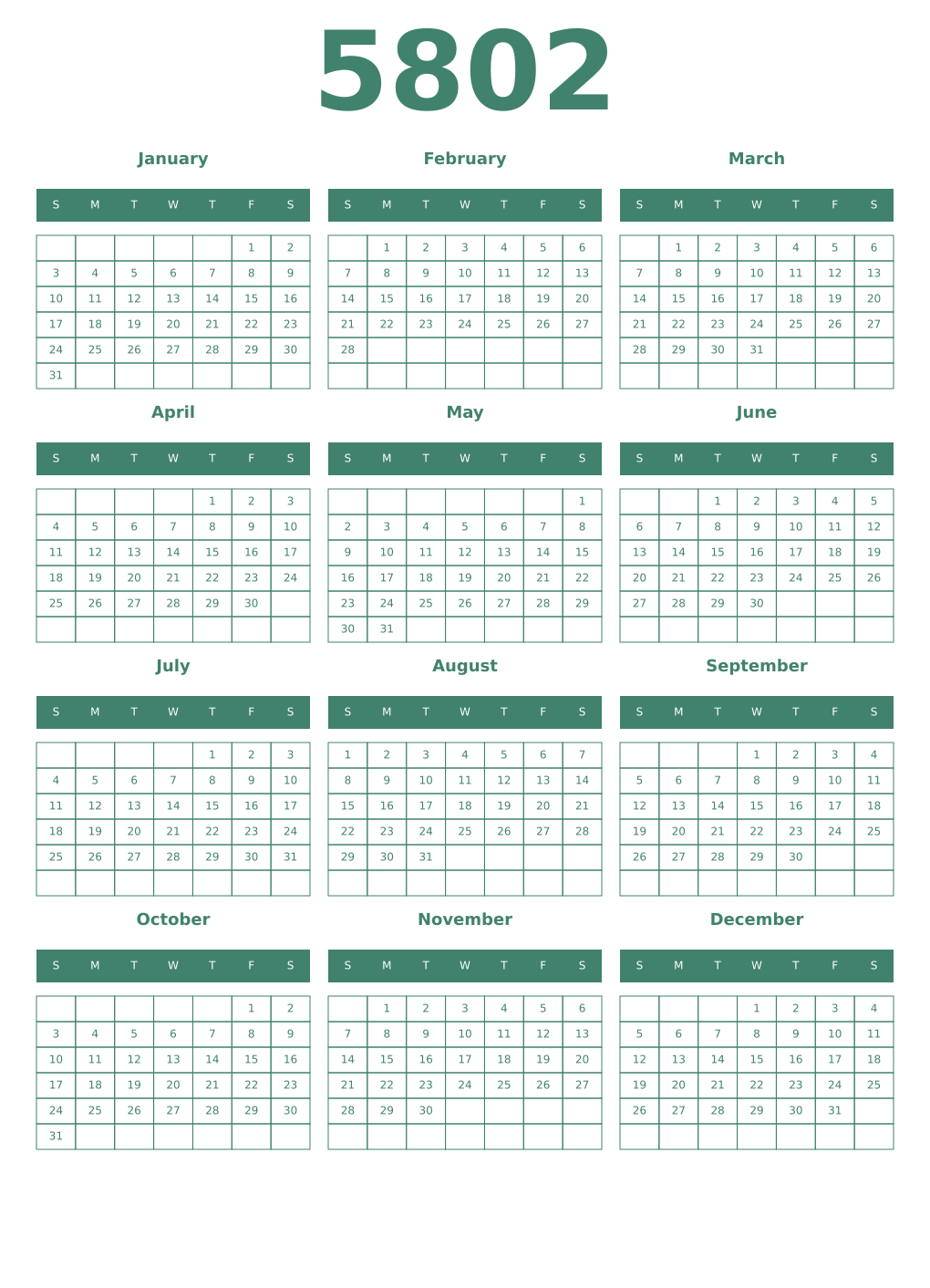 Printable 5802 Year Calendars viridian
