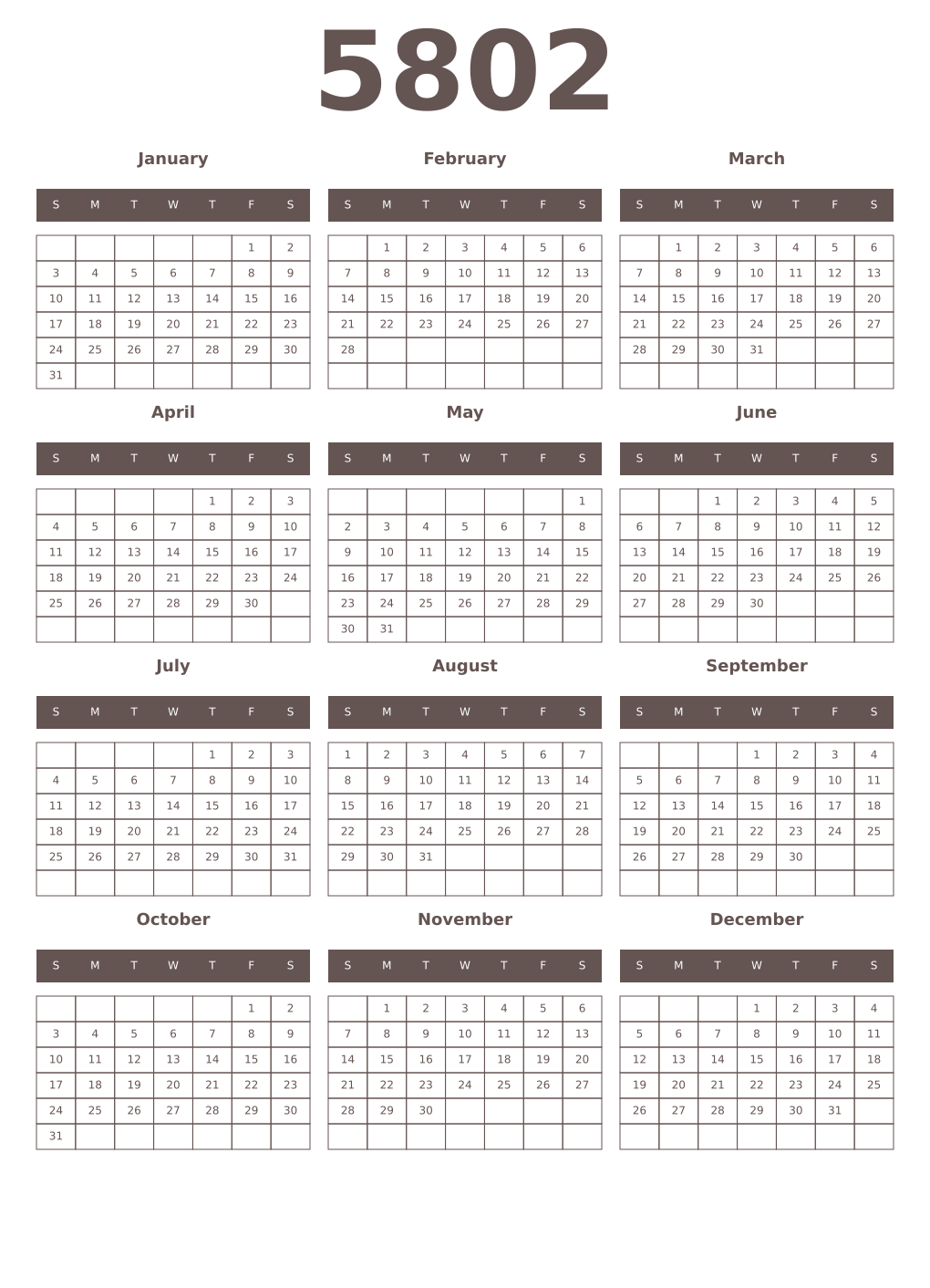 Printable 5802 Year Calendars wenge