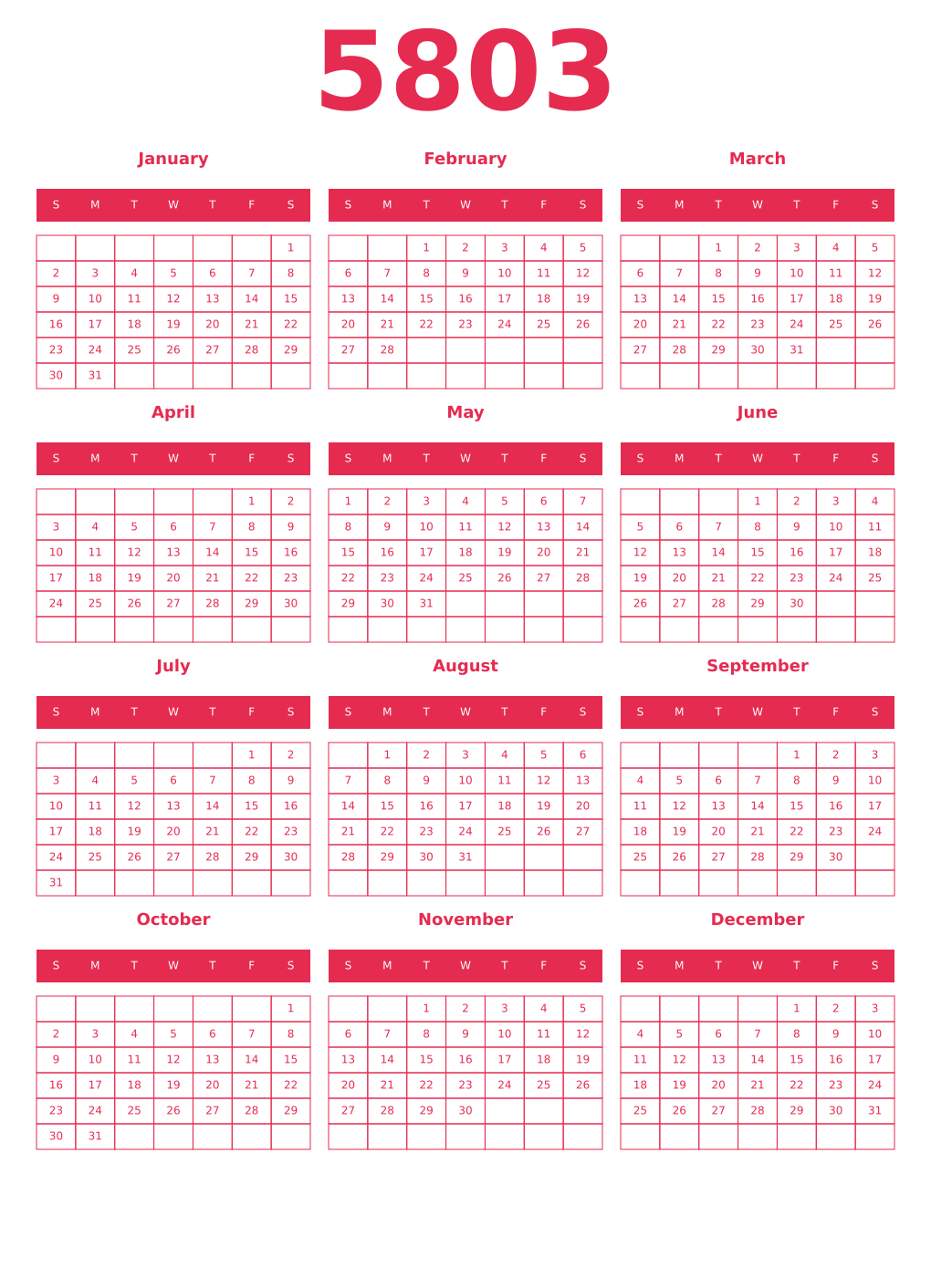 Printable 5803 Year Calendars amaranth