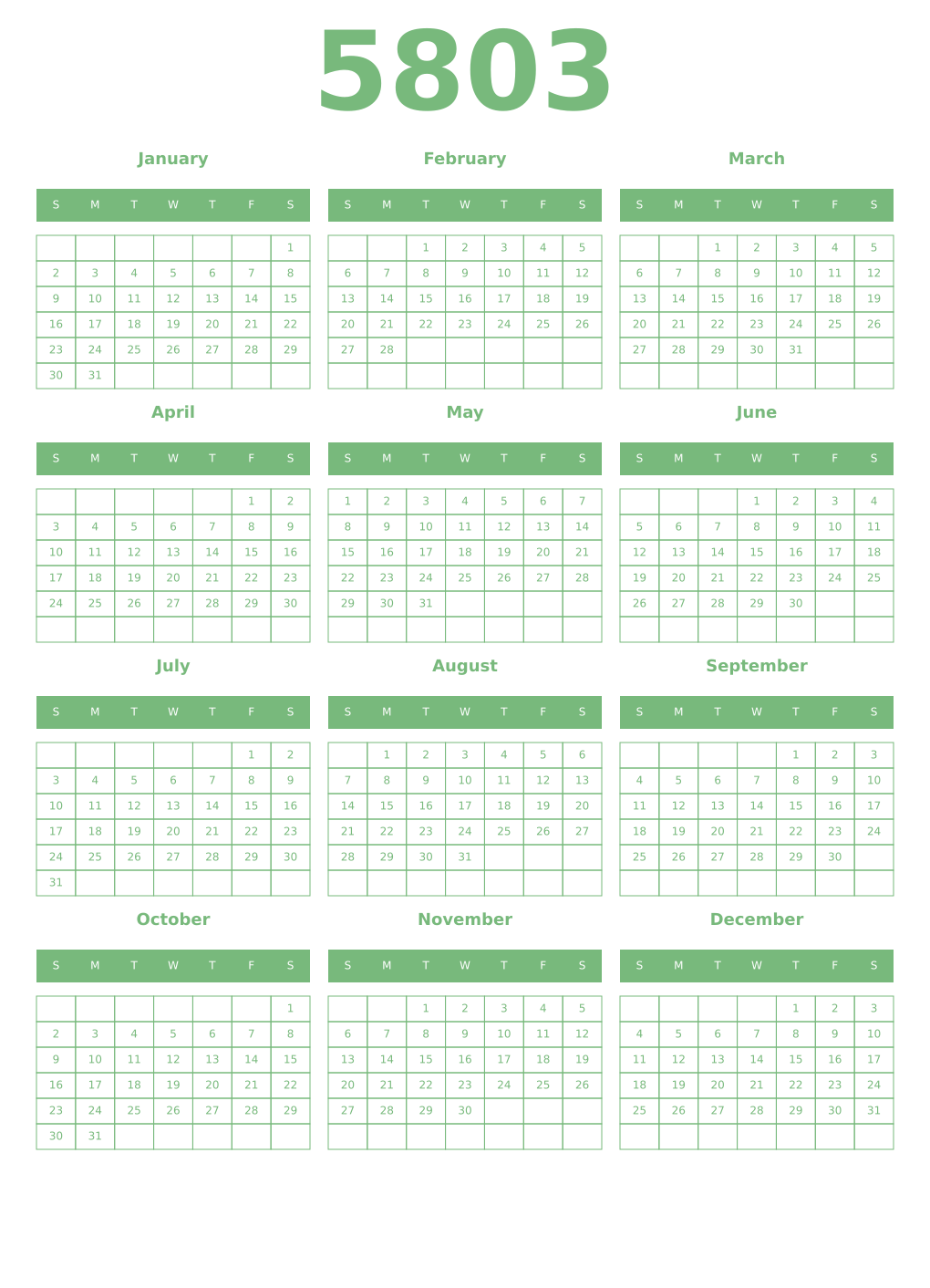 Printable 5803 Year Calendars celadon