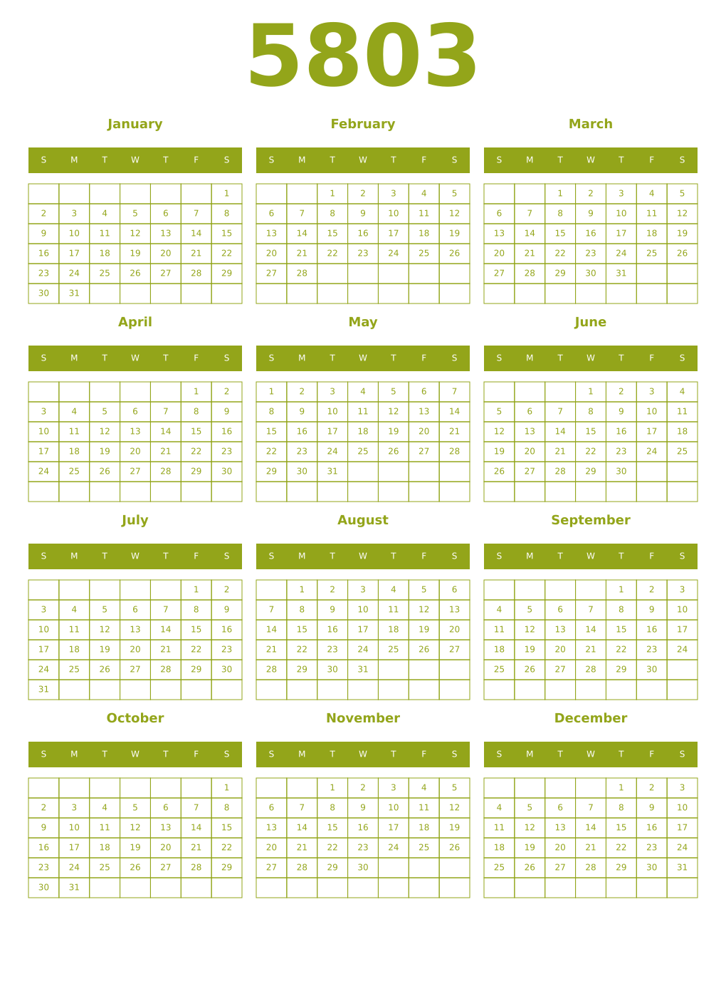 Printable 5803 Year Calendars chartreuse