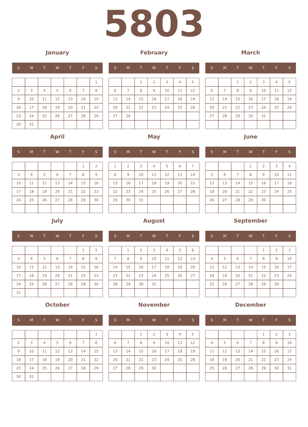 Printable 5803 Year Calendars coffe