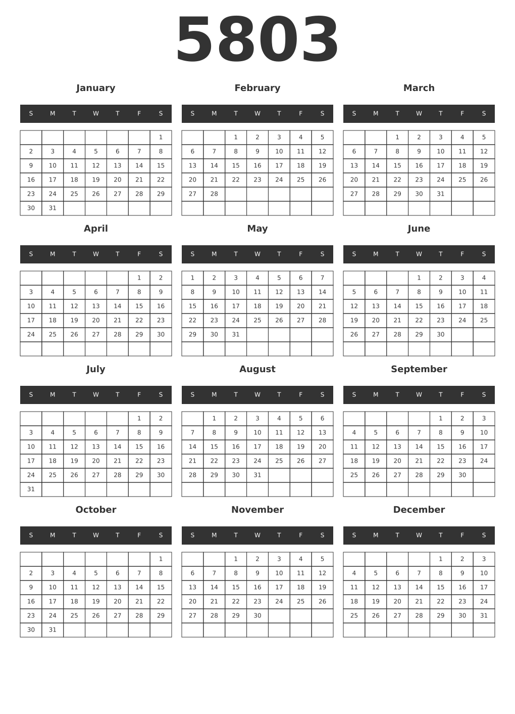 Printable 5803 Year Calendars dark