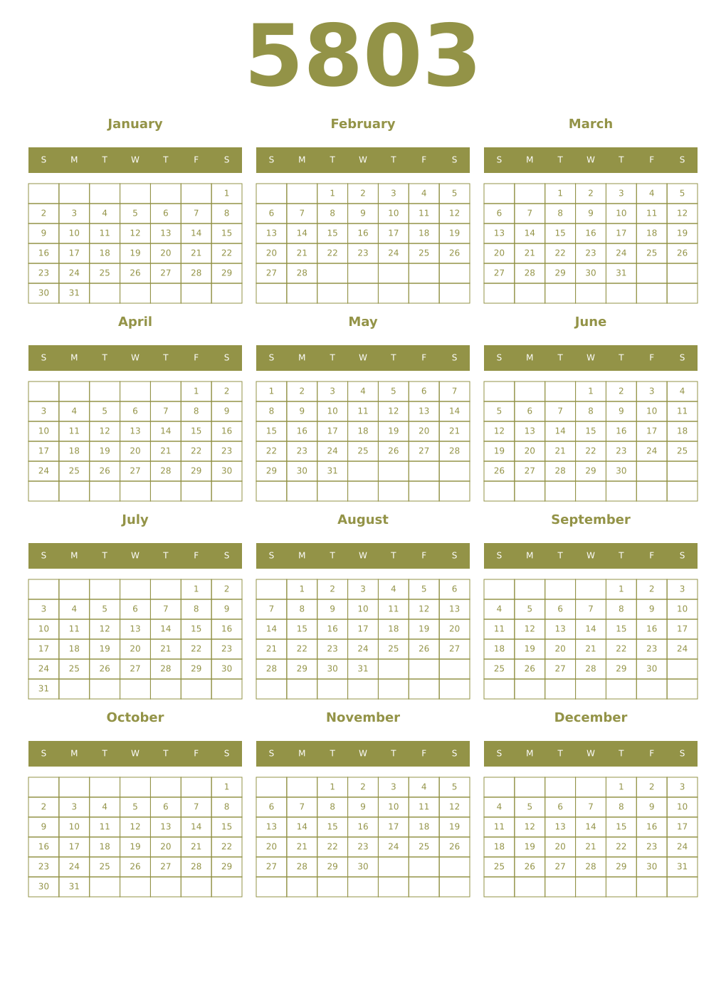 Printable 5803 Year Calendars eburnean