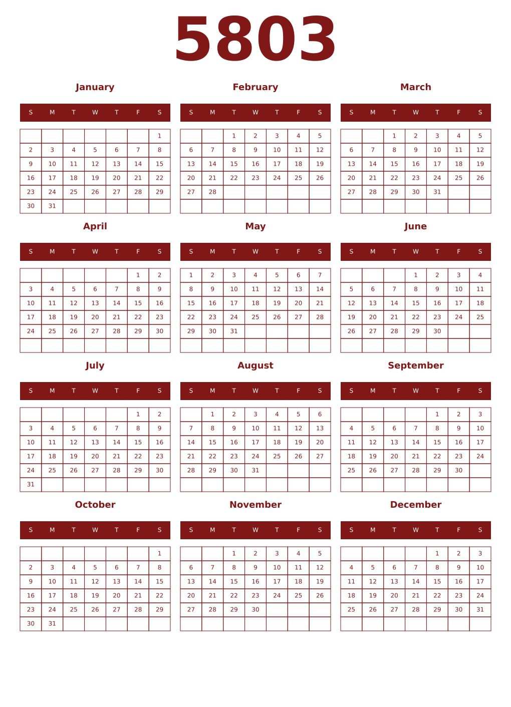 Printable 5803 Year Calendars falu