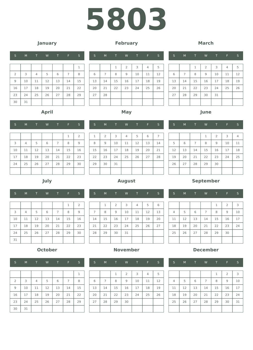 Printable 5803 Year Calendars feldgrau