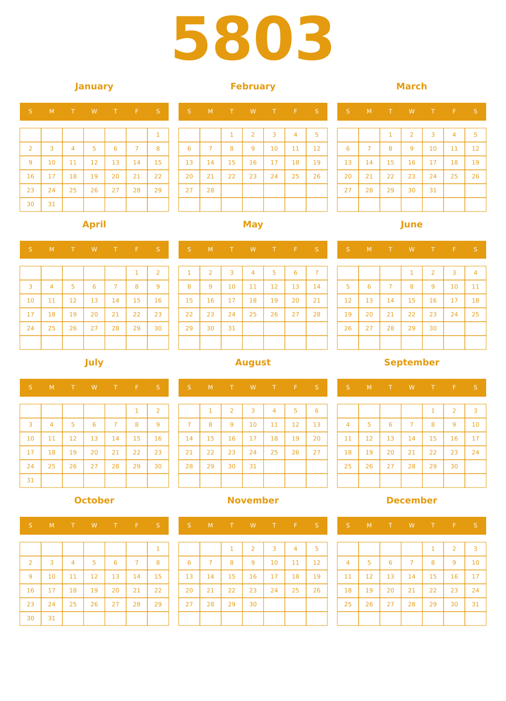 Printable 5803 Year Calendars gamboge