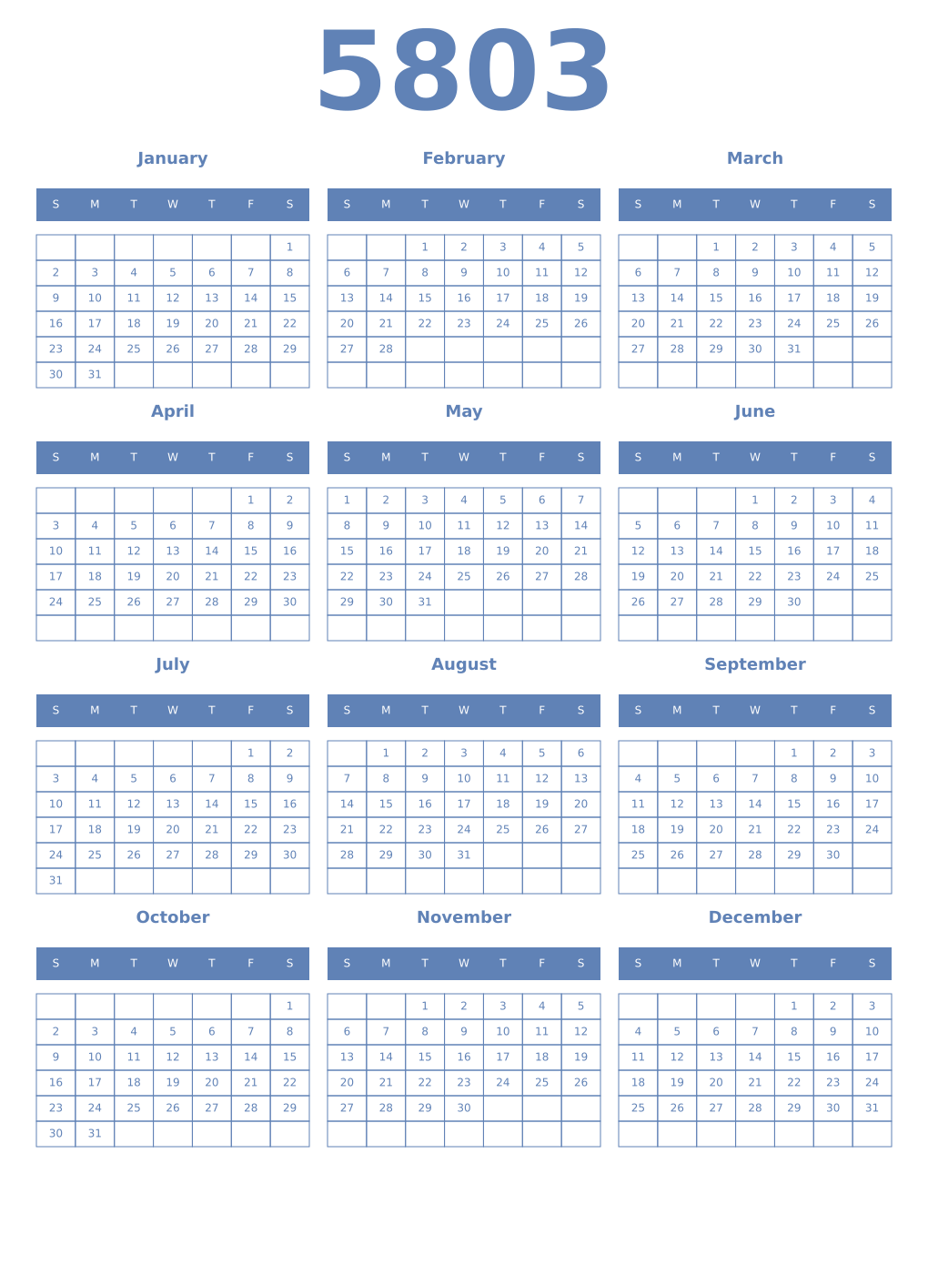 Printable 5803 Year Calendars glaucous