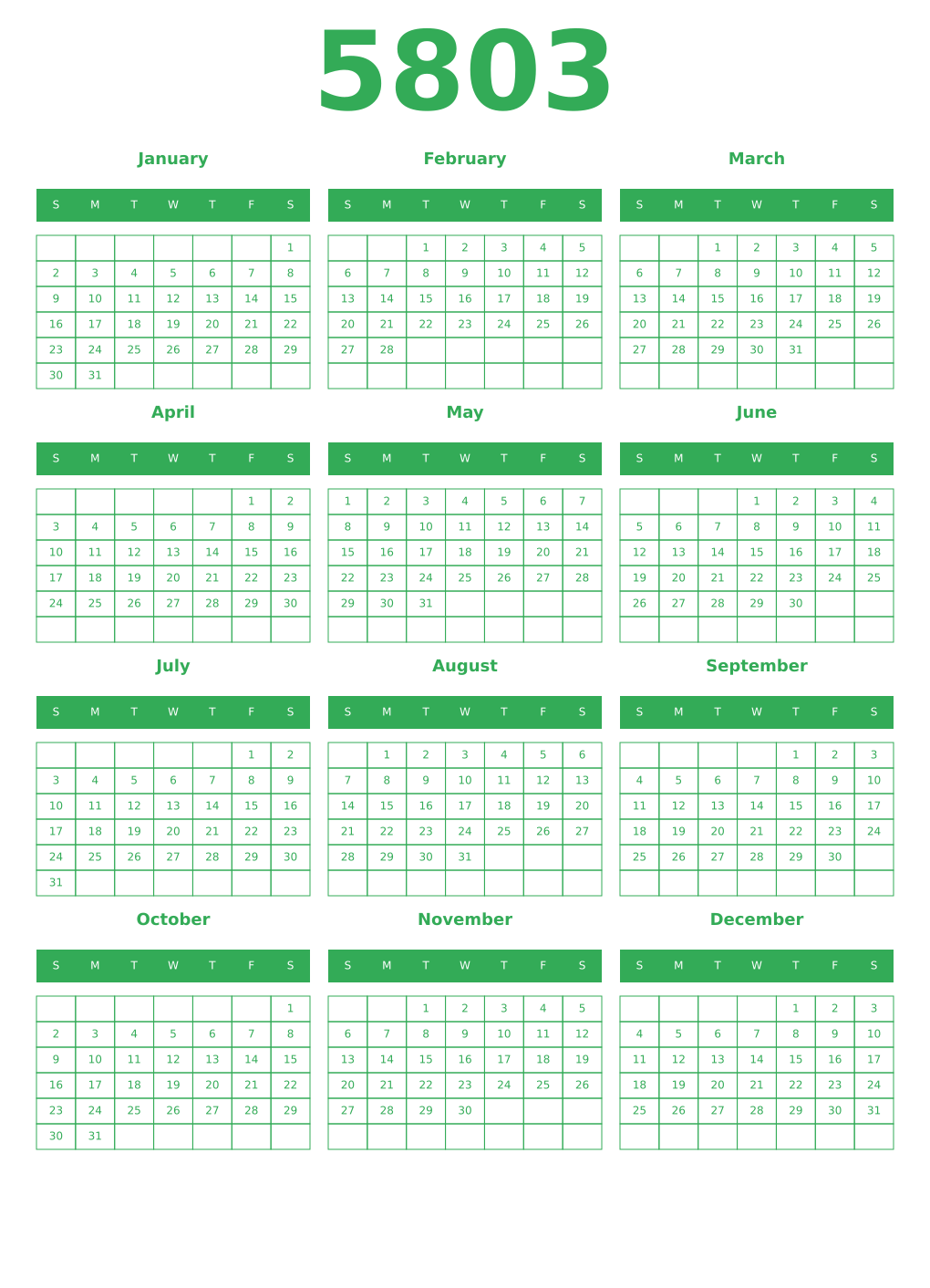 Printable 5803 Year Calendars green