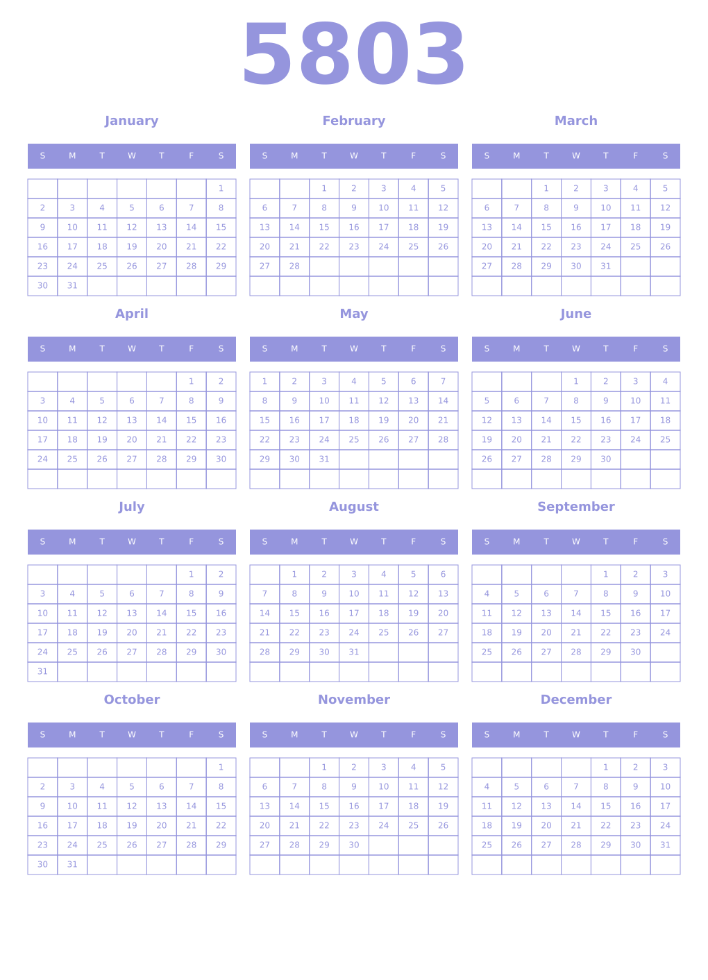 Printable 5803 Year Calendars periwinkle