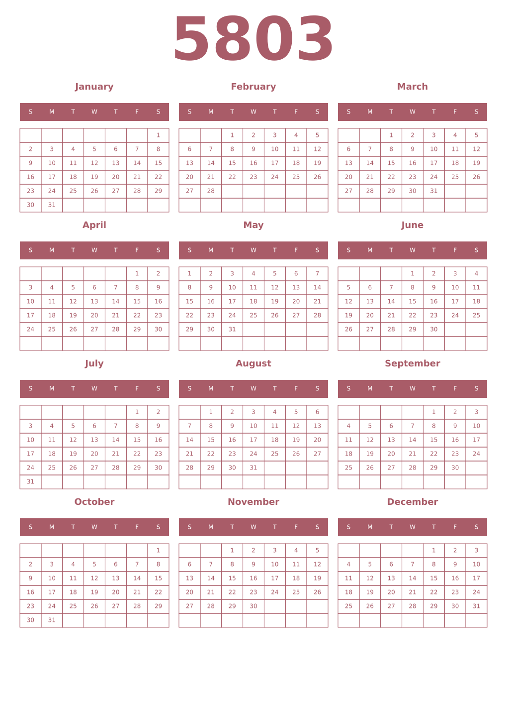 Printable 5803 Year Calendars puce