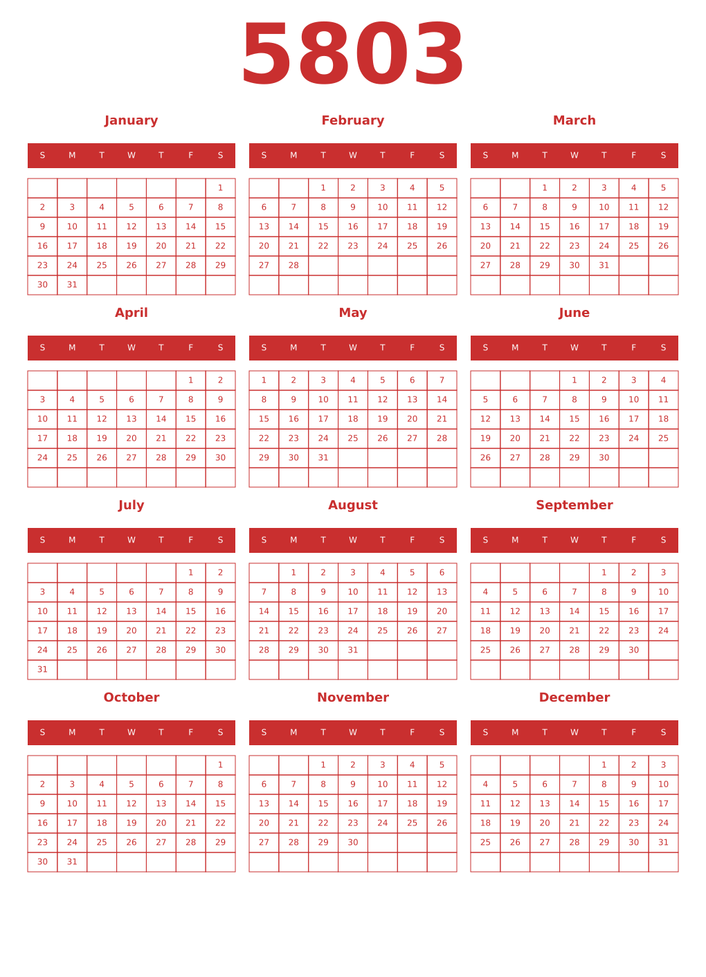 Printable 5803 Year Calendars red