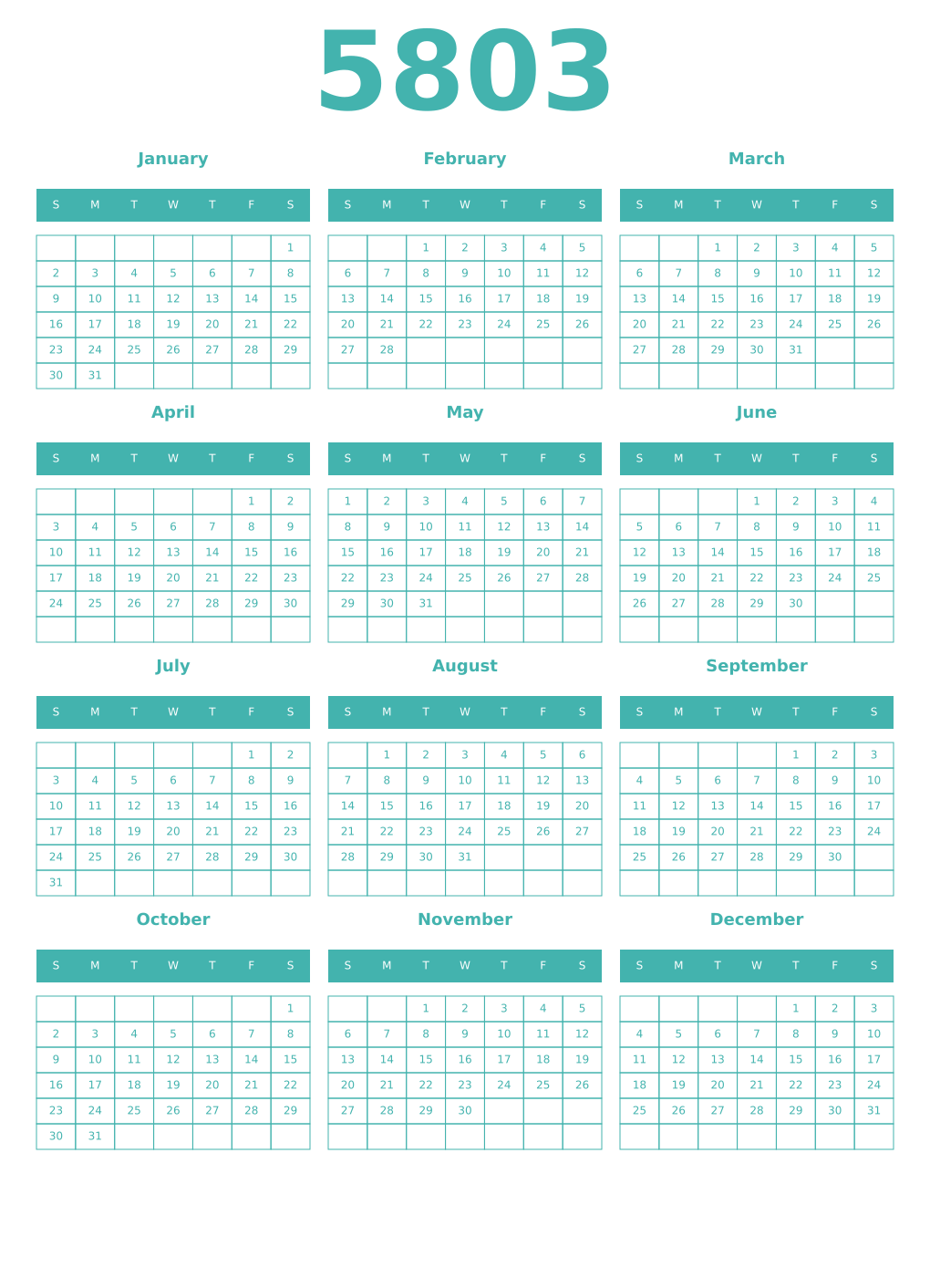 Printable 5803 Year Calendars verdigris