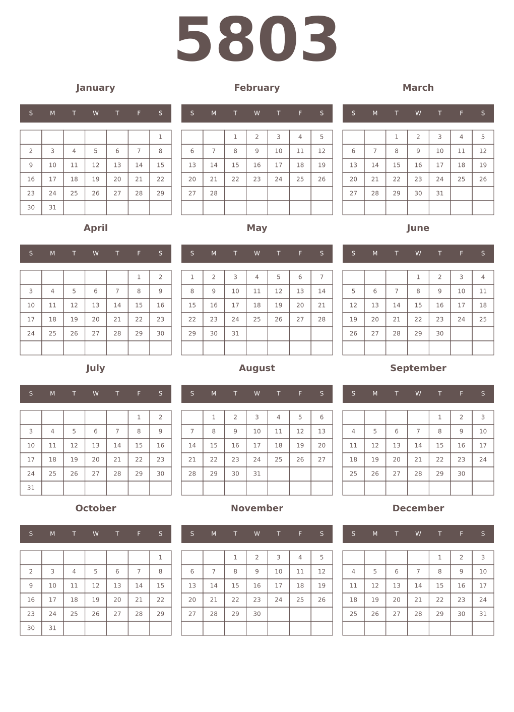 Printable 5803 Year Calendars wenge