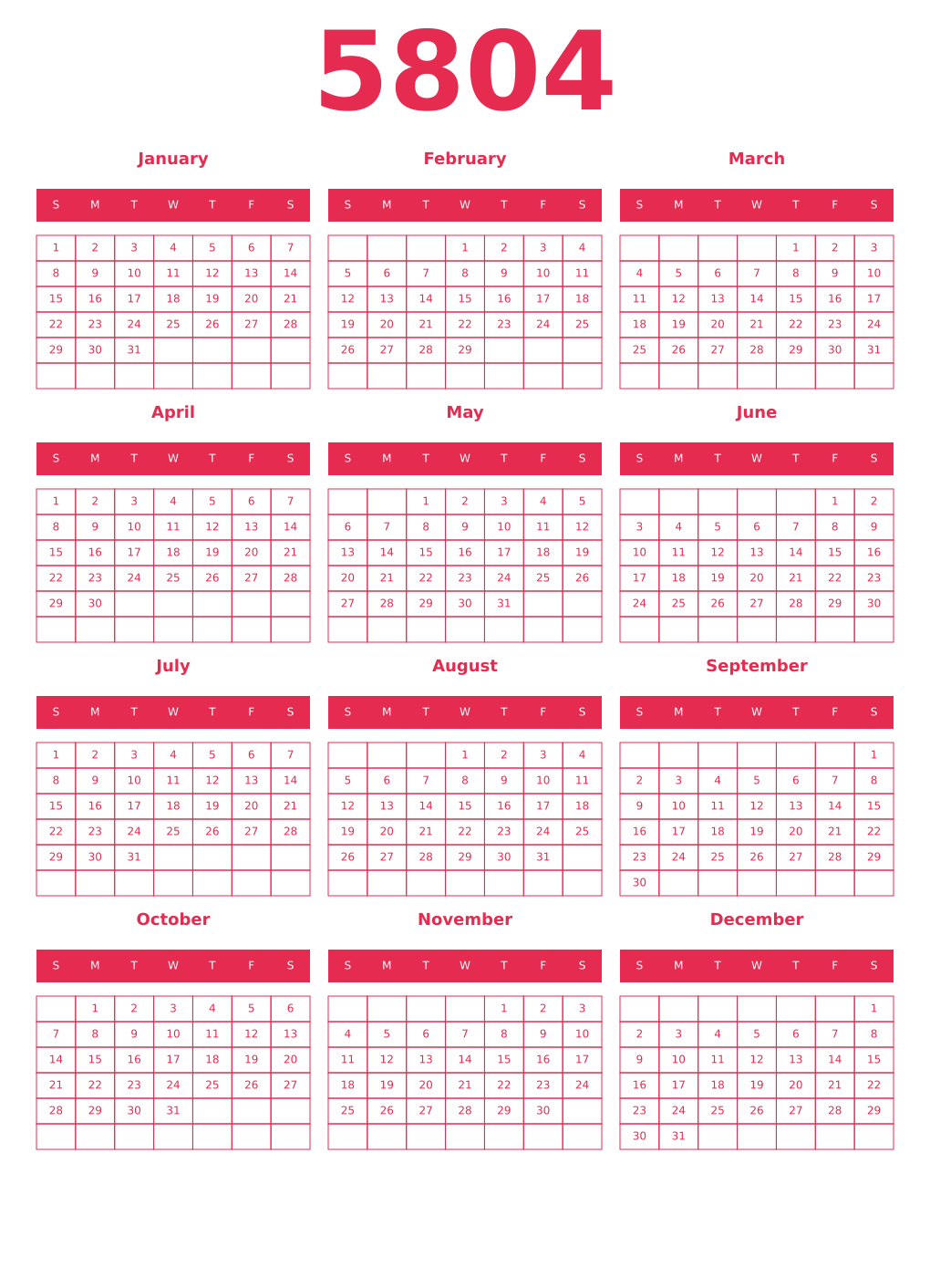 Printable 5804 Year Calendars amaranth