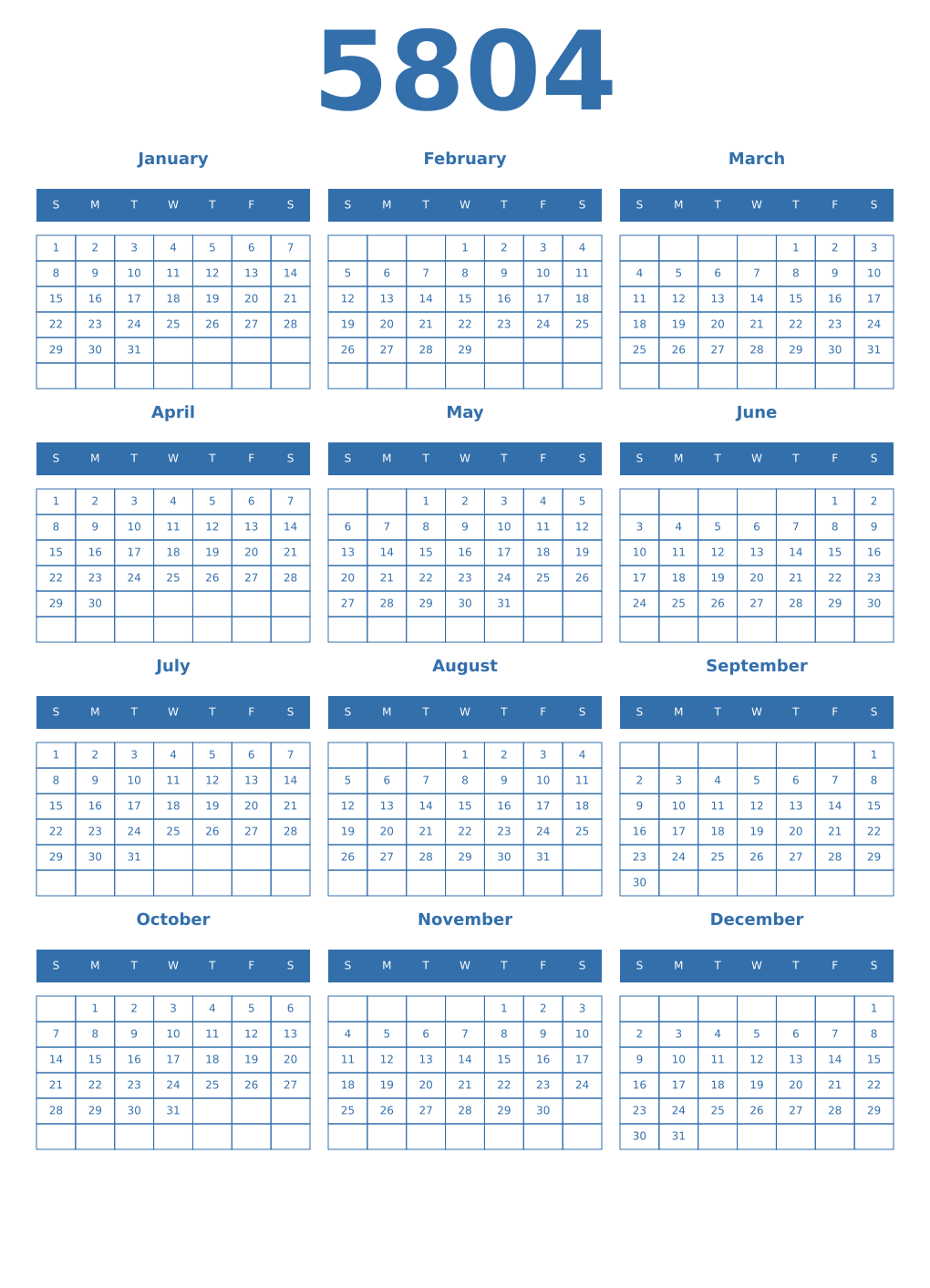 Printable 5804 Year Calendars blue