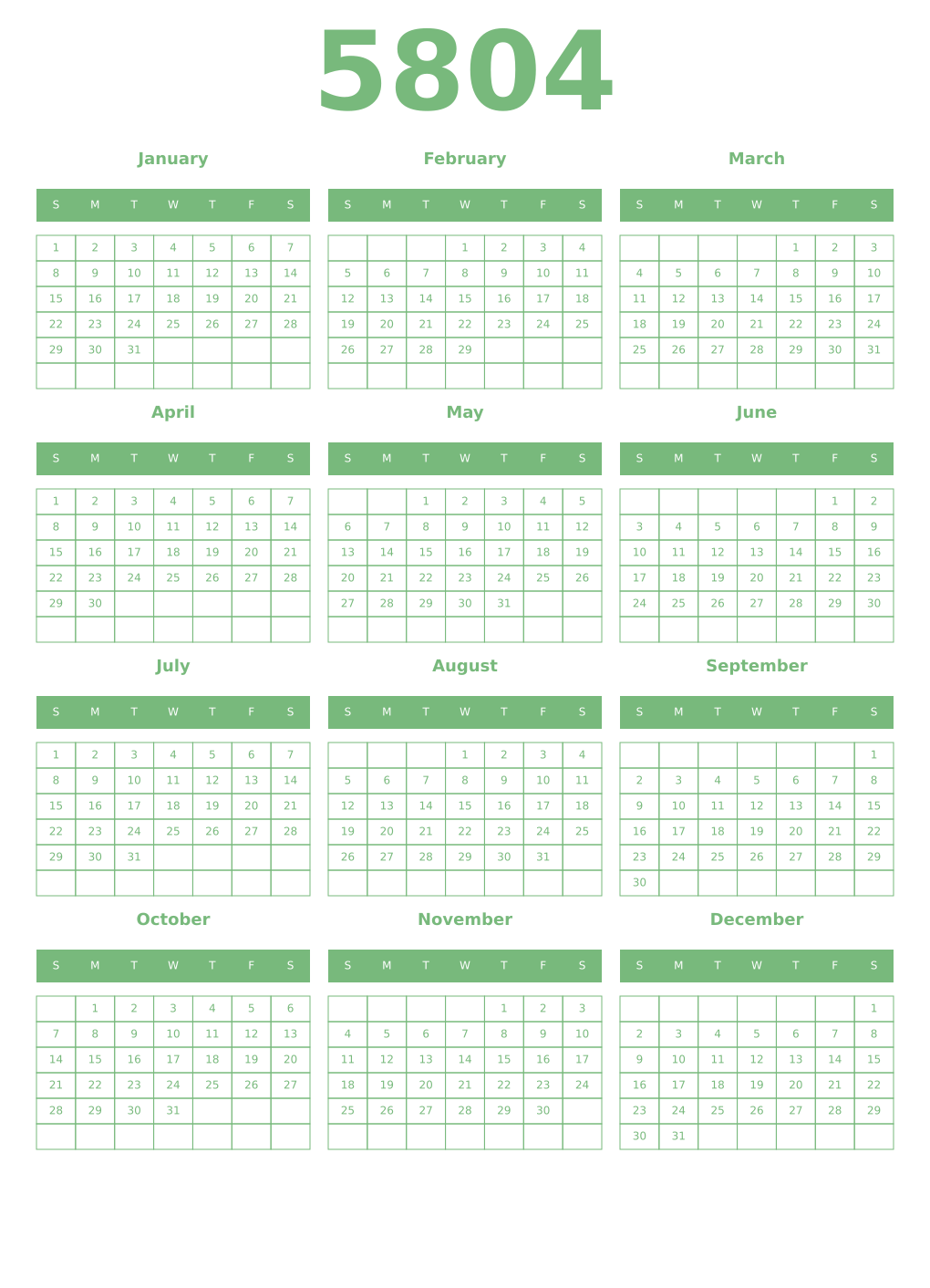 Printable 5804 Year Calendars celadon