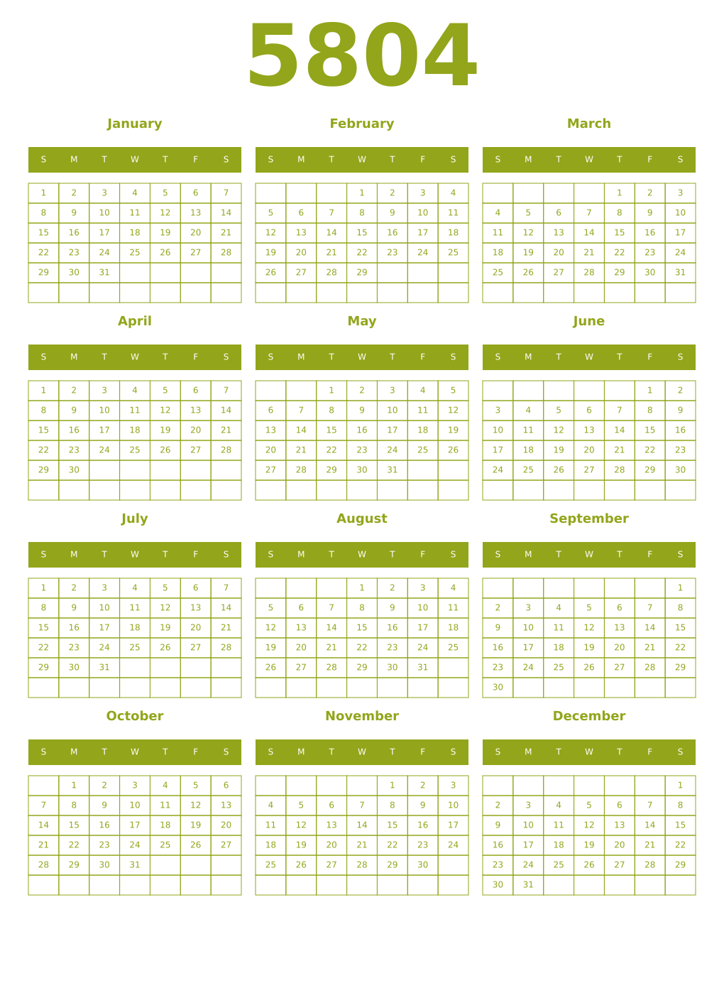 Printable 5804 Year Calendars chartreuse