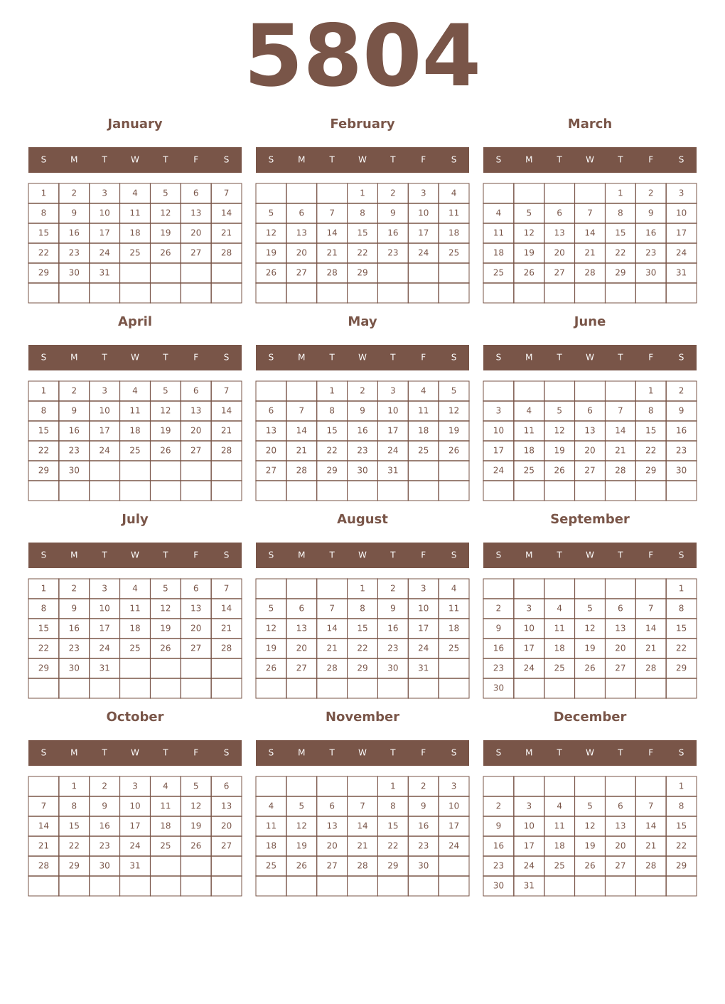 Printable 5804 Year Calendars coffe