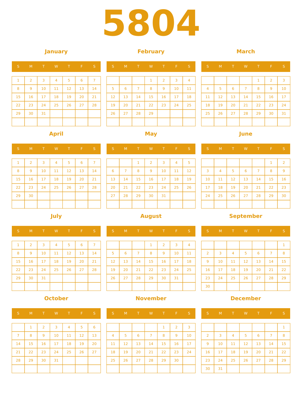 Printable 5804 Year Calendars gamboge