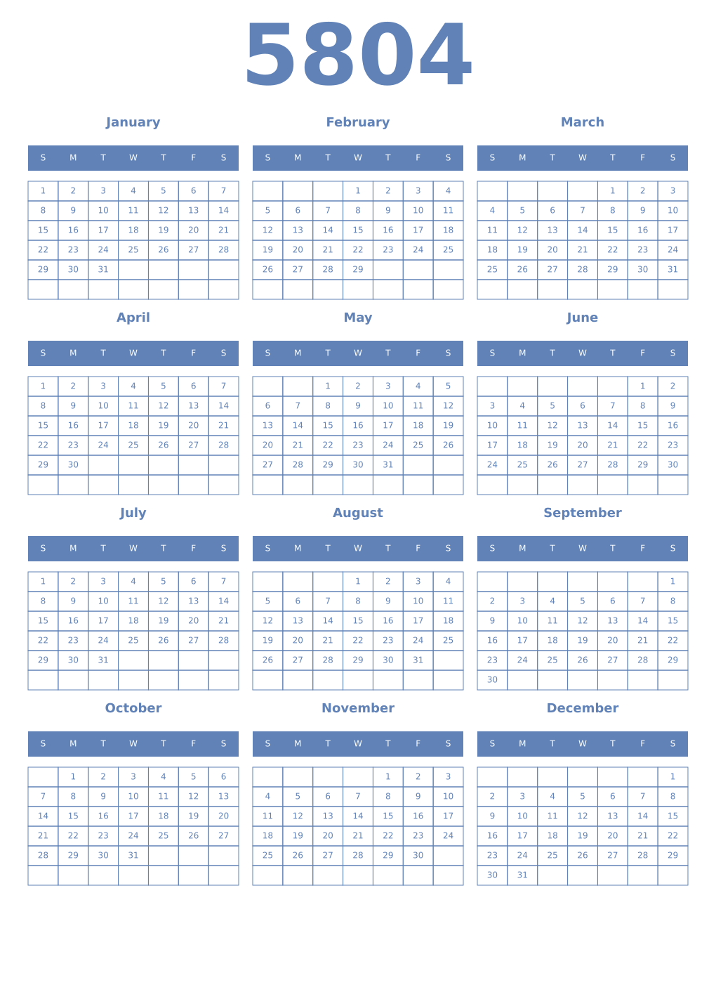Printable 5804 Year Calendars glaucous