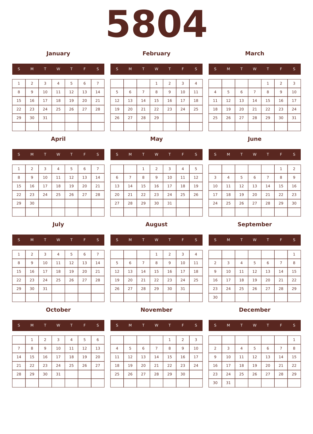 Printable 5804 Year Calendars mortuum