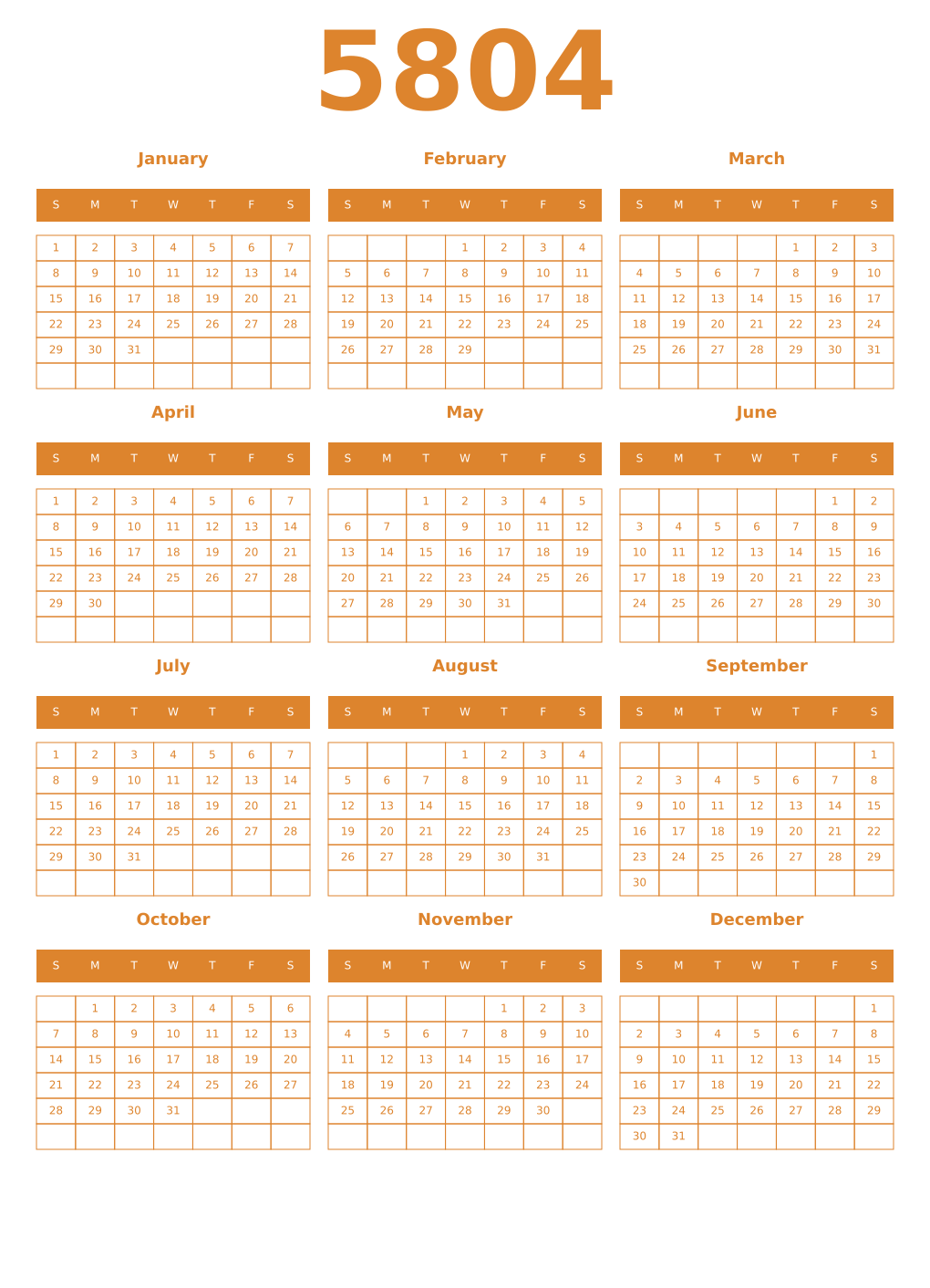 Printable 5804 Year Calendars orange