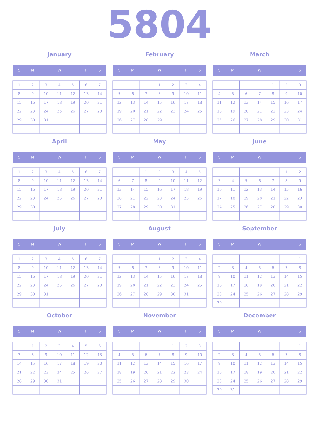 Printable 5804 Year Calendars periwinkle