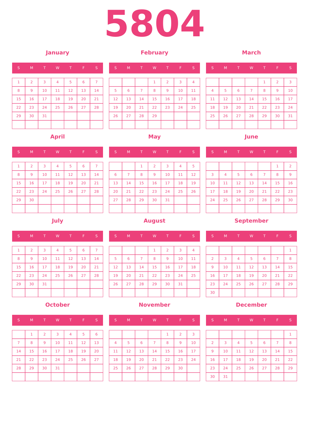 Printable 5804 Year Calendars pink