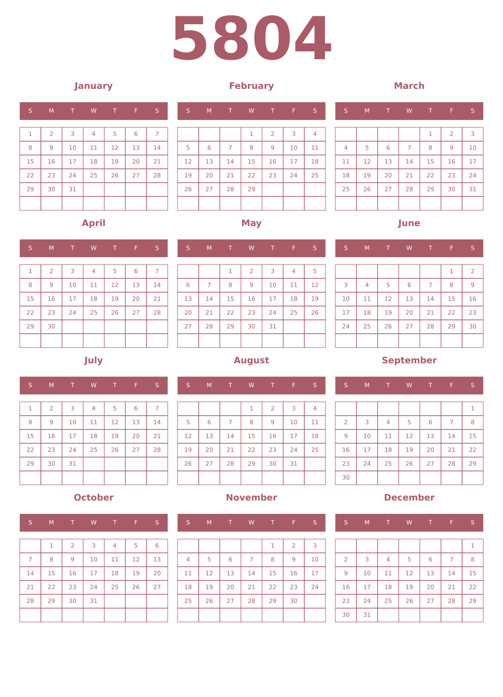 Printable 5804 Year Calendars puce