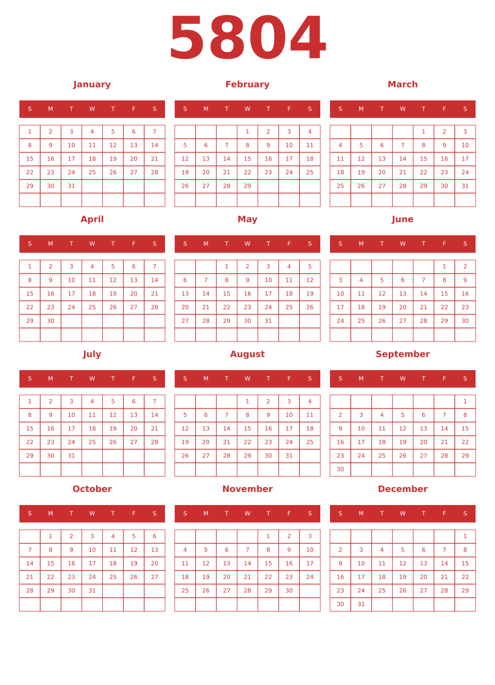 Printable 5804 Year Calendars red