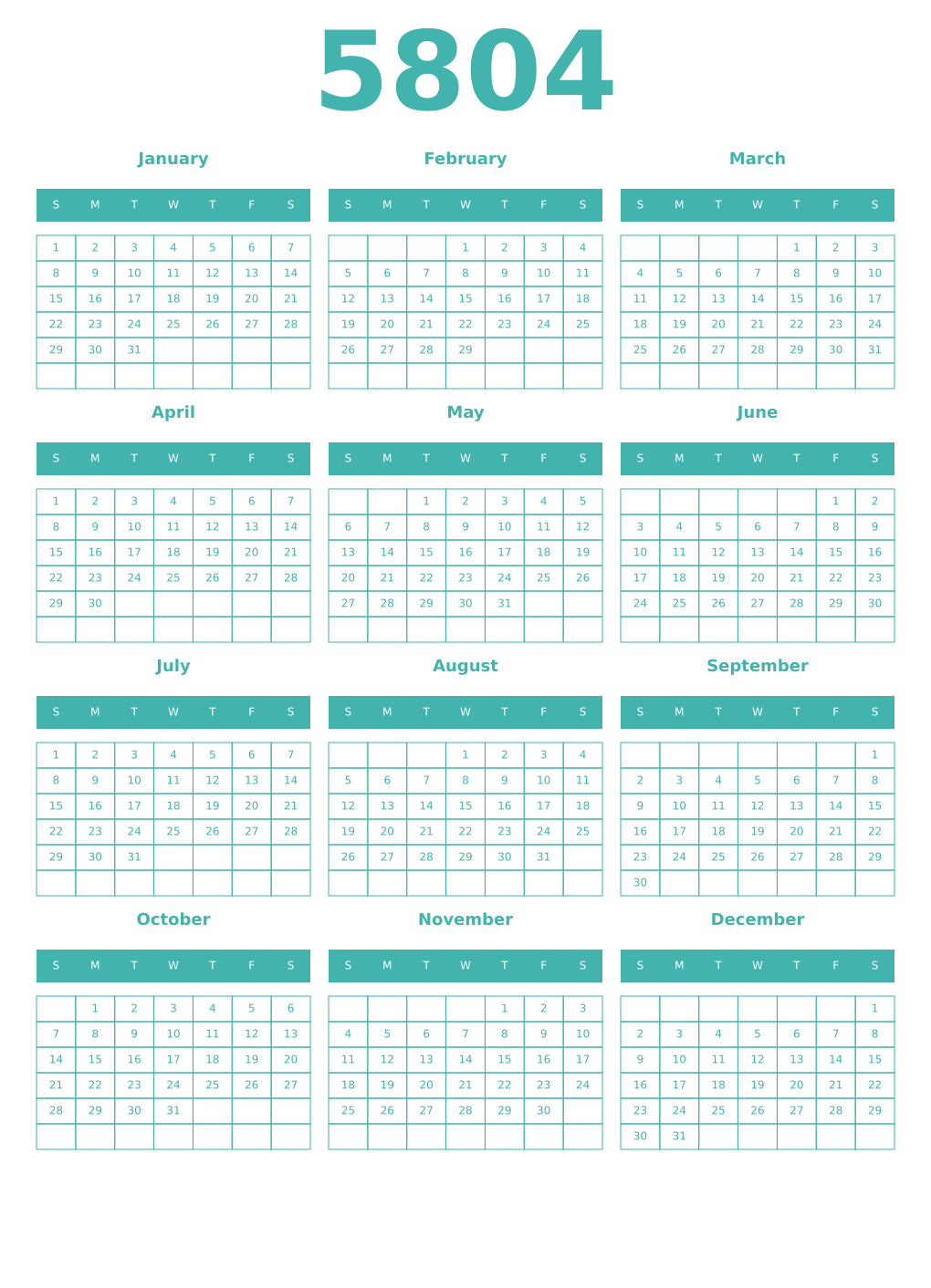 Printable 5804 Year Calendars verdigris