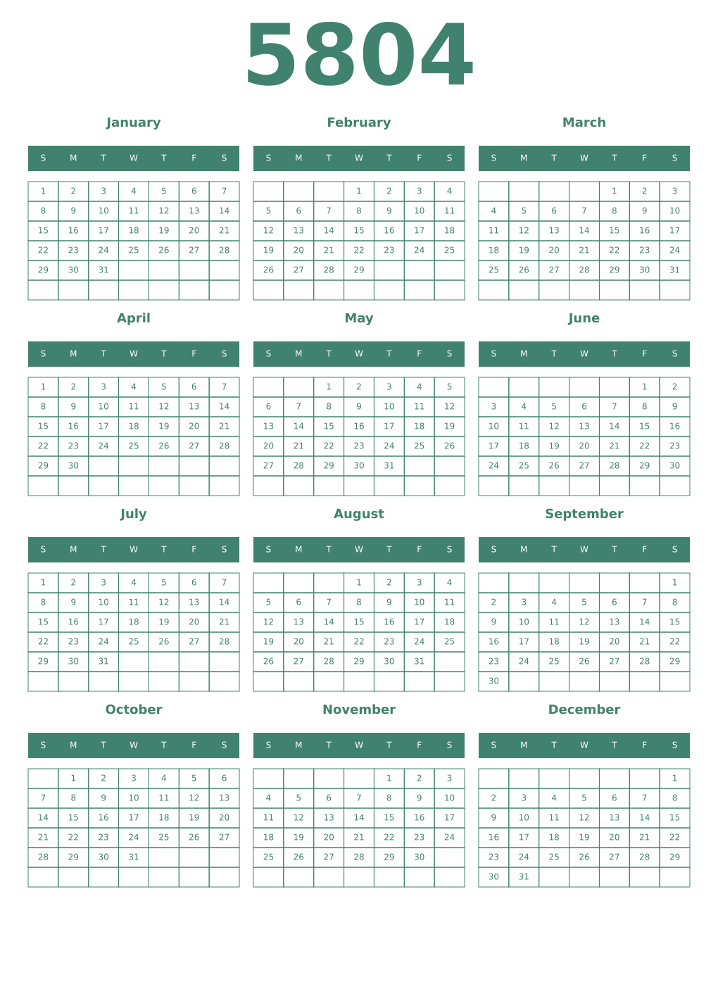 Printable 5804 Year Calendars viridian