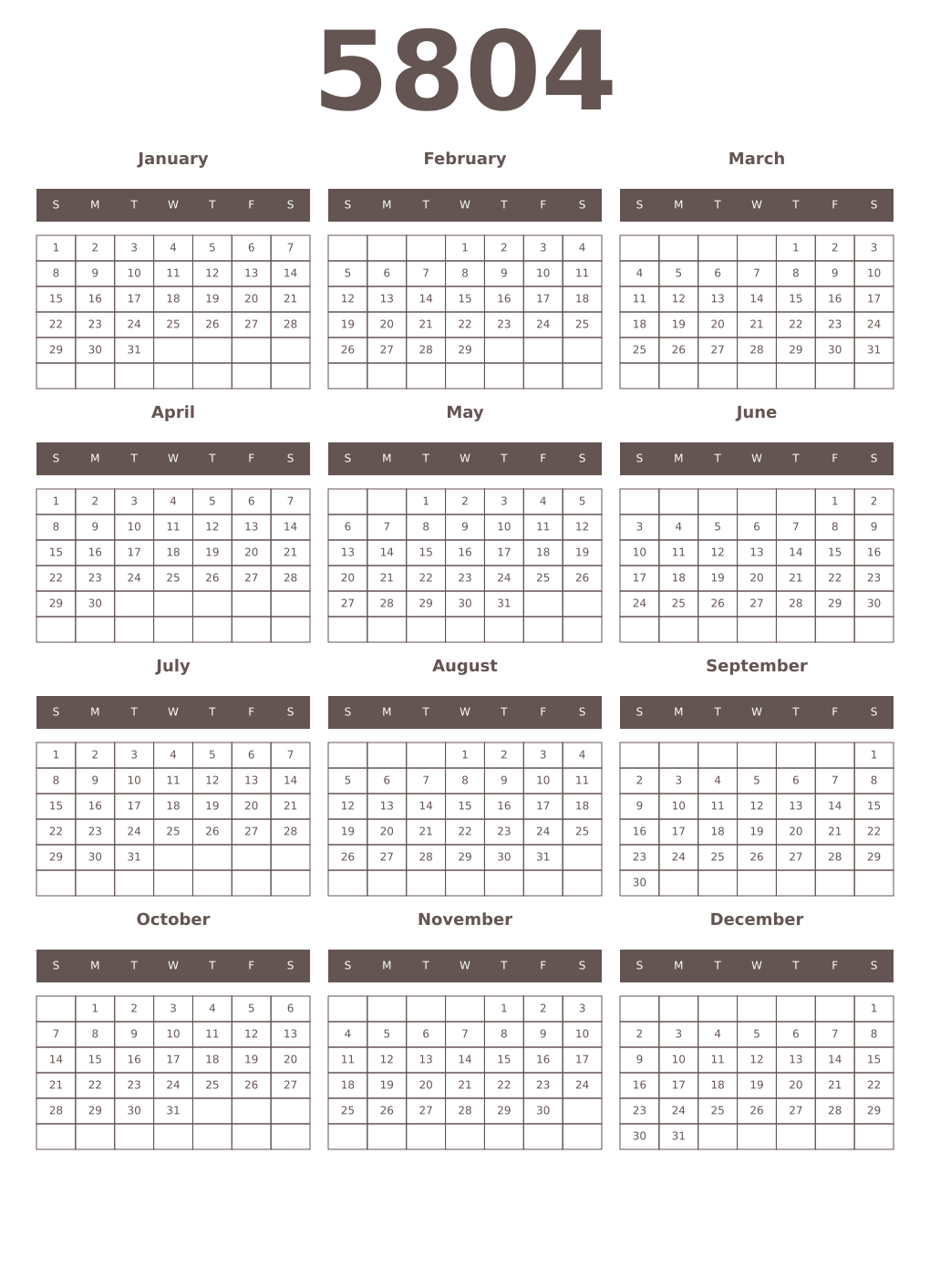 Printable 5804 Year Calendars wenge