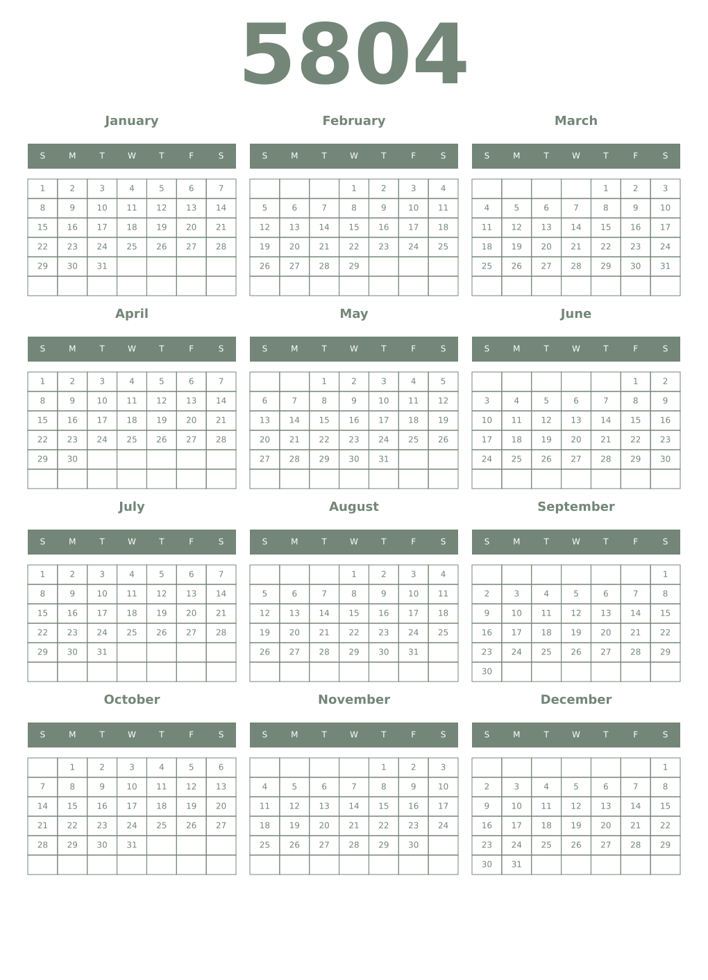 Printable 5804 Year Calendars xanadu