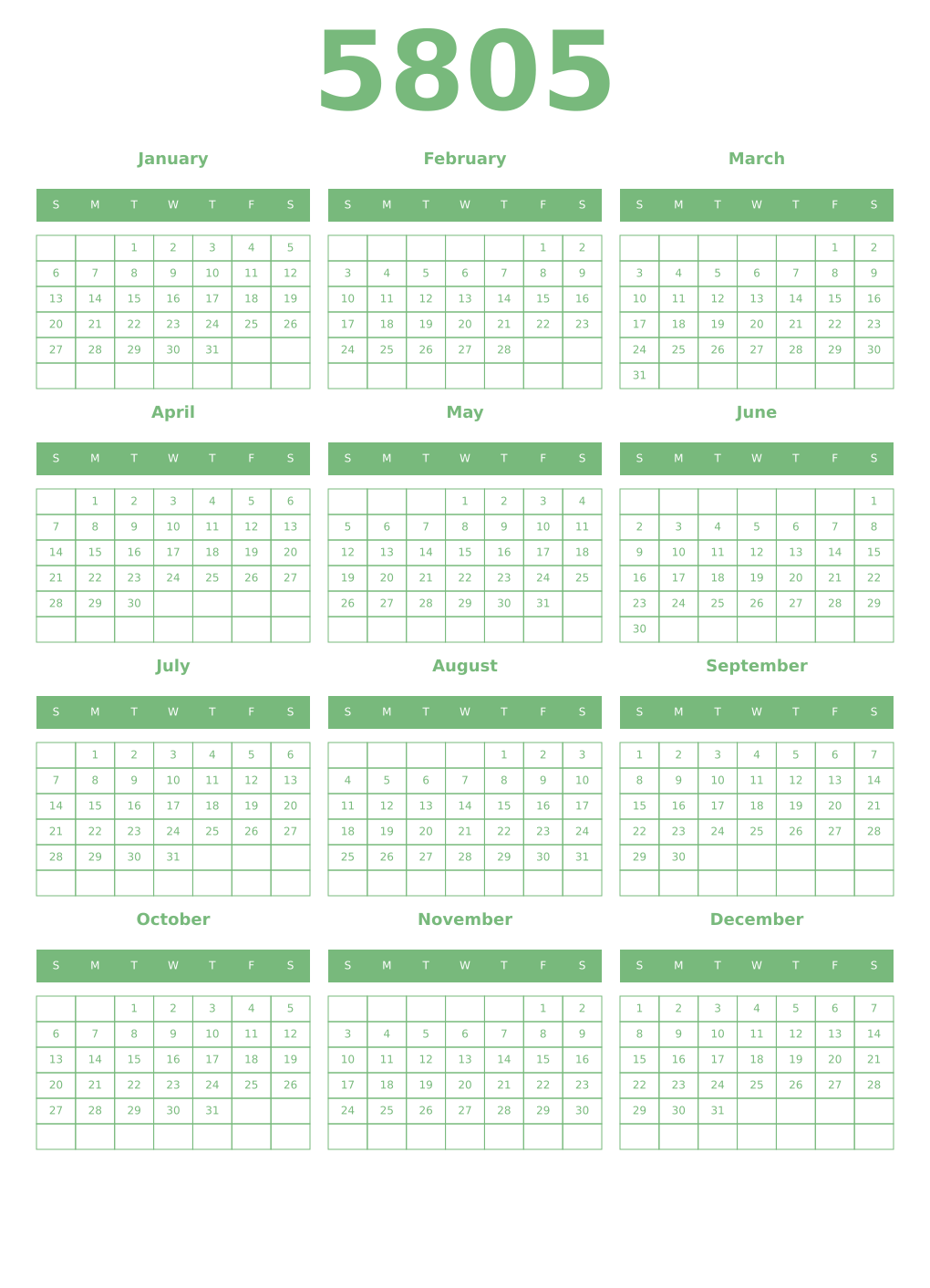 Printable 5805 Year Calendars celadon