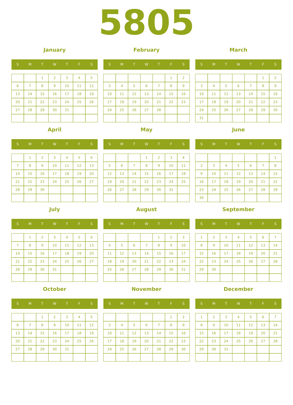 Printable 5805 Year Calendars chartreuse
