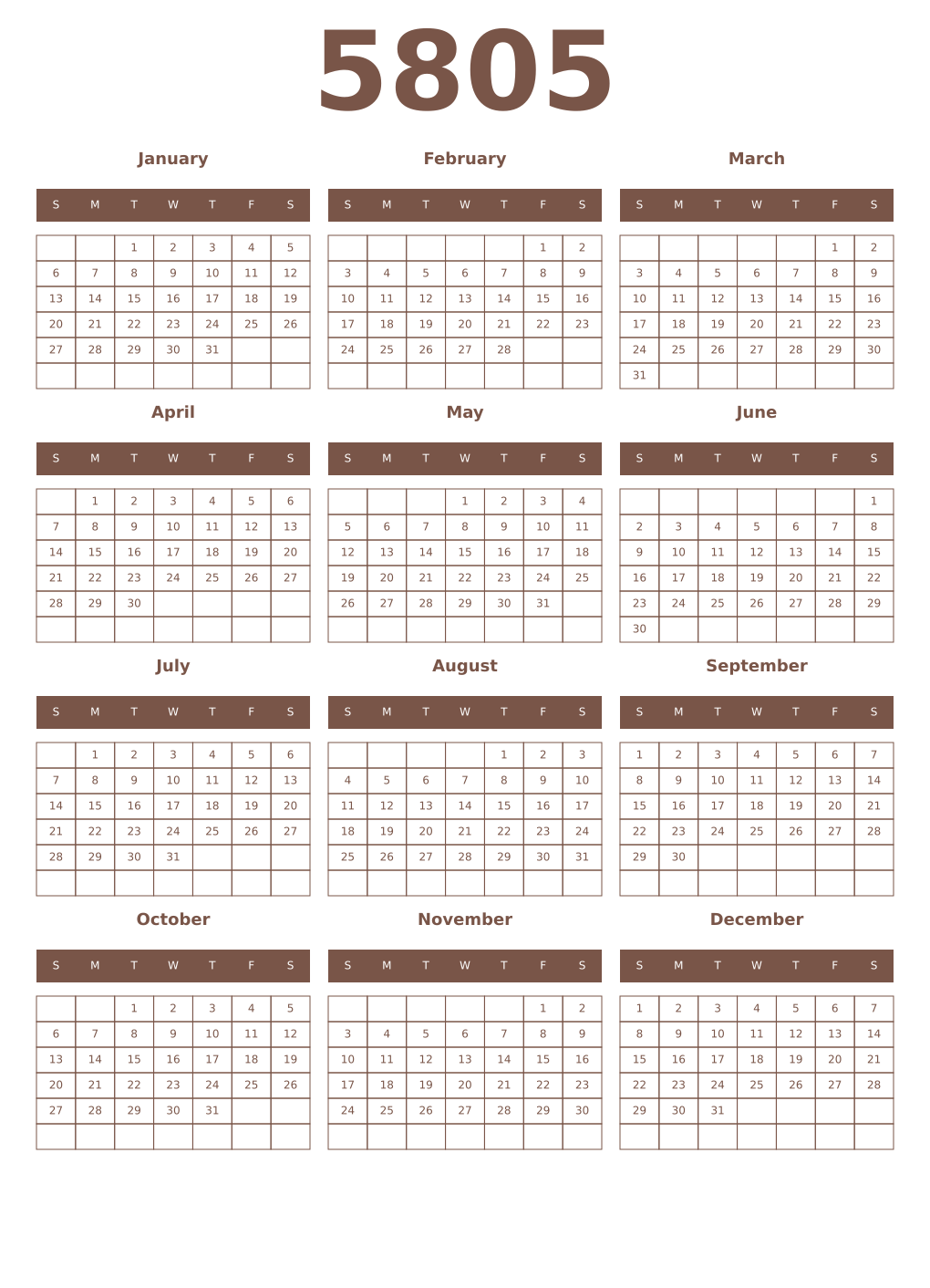 Printable 5805 Year Calendars coffe