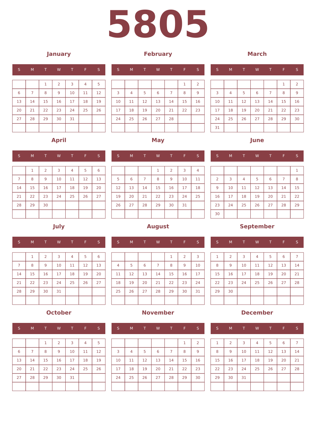 Printable 5805 Year Calendars cordovan
