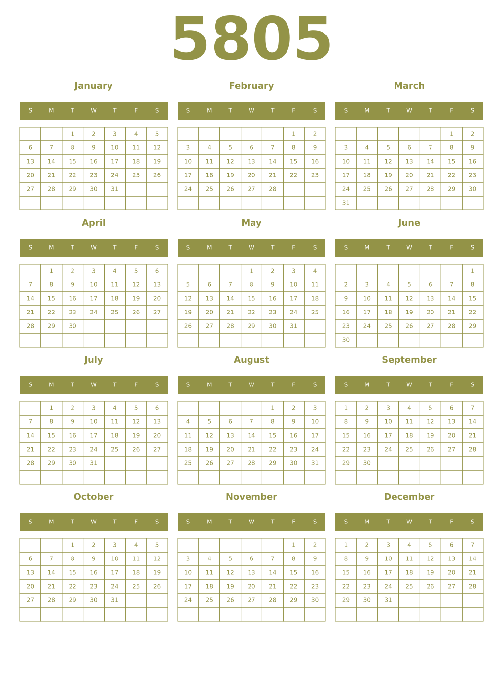 Printable 5805 Year Calendars eburnean