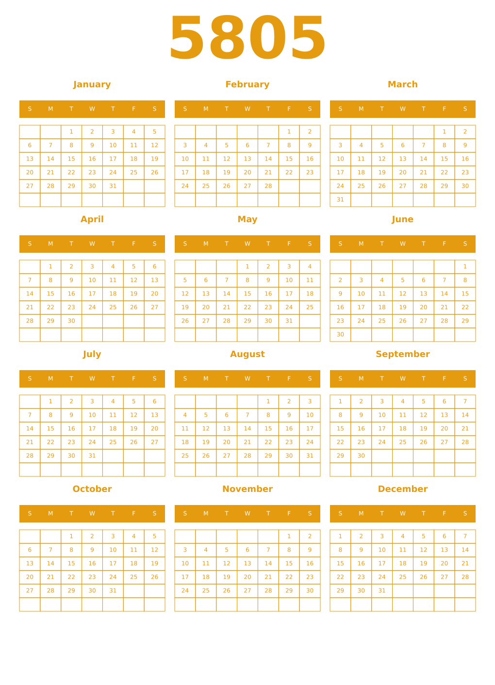Printable 5805 Year Calendars gamboge