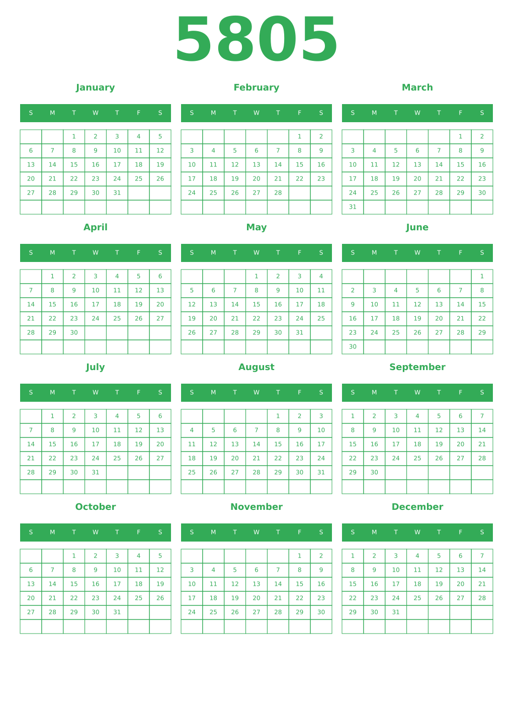Printable 5805 Year Calendars green